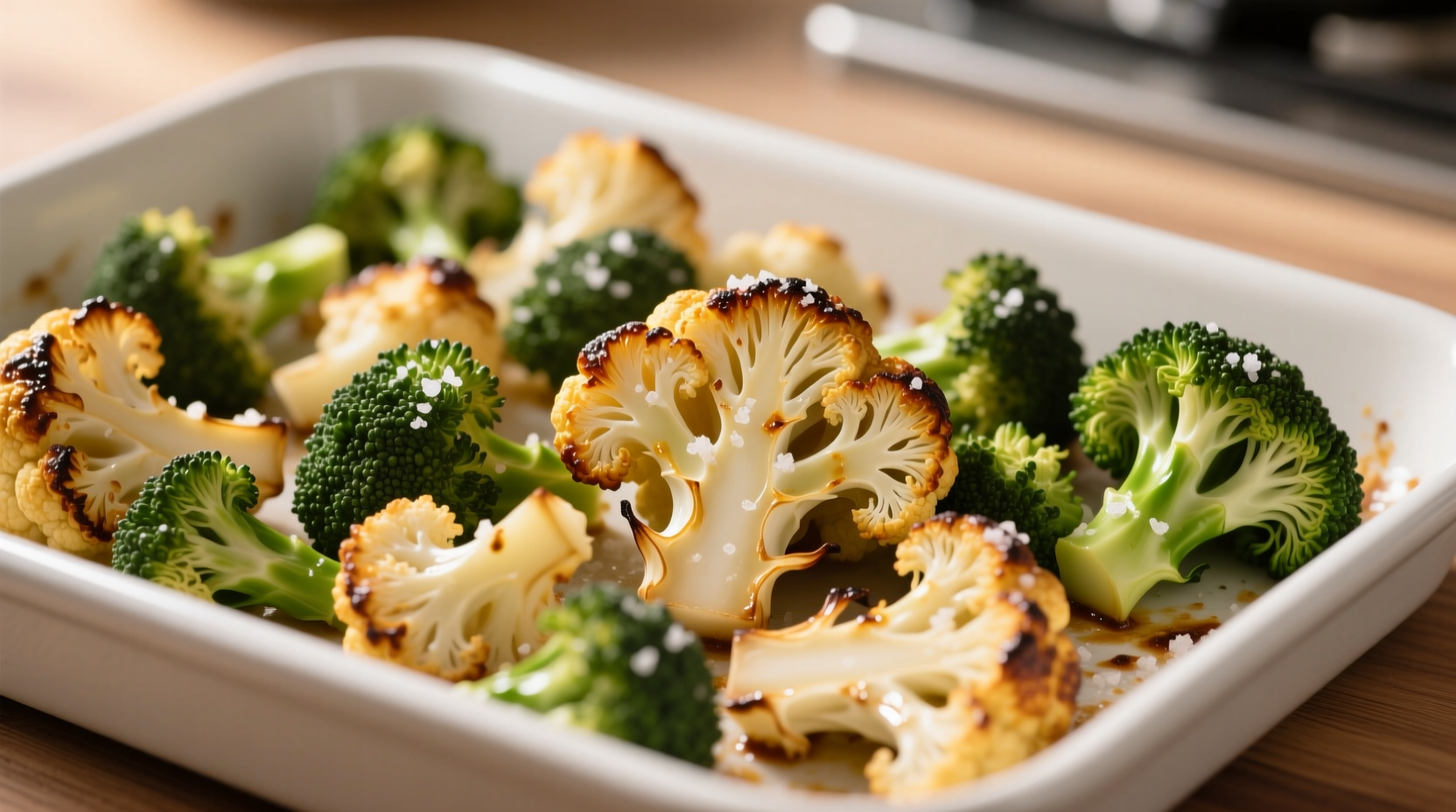 Crispy golden roasted cauliflower and broccoli on baking sheet
