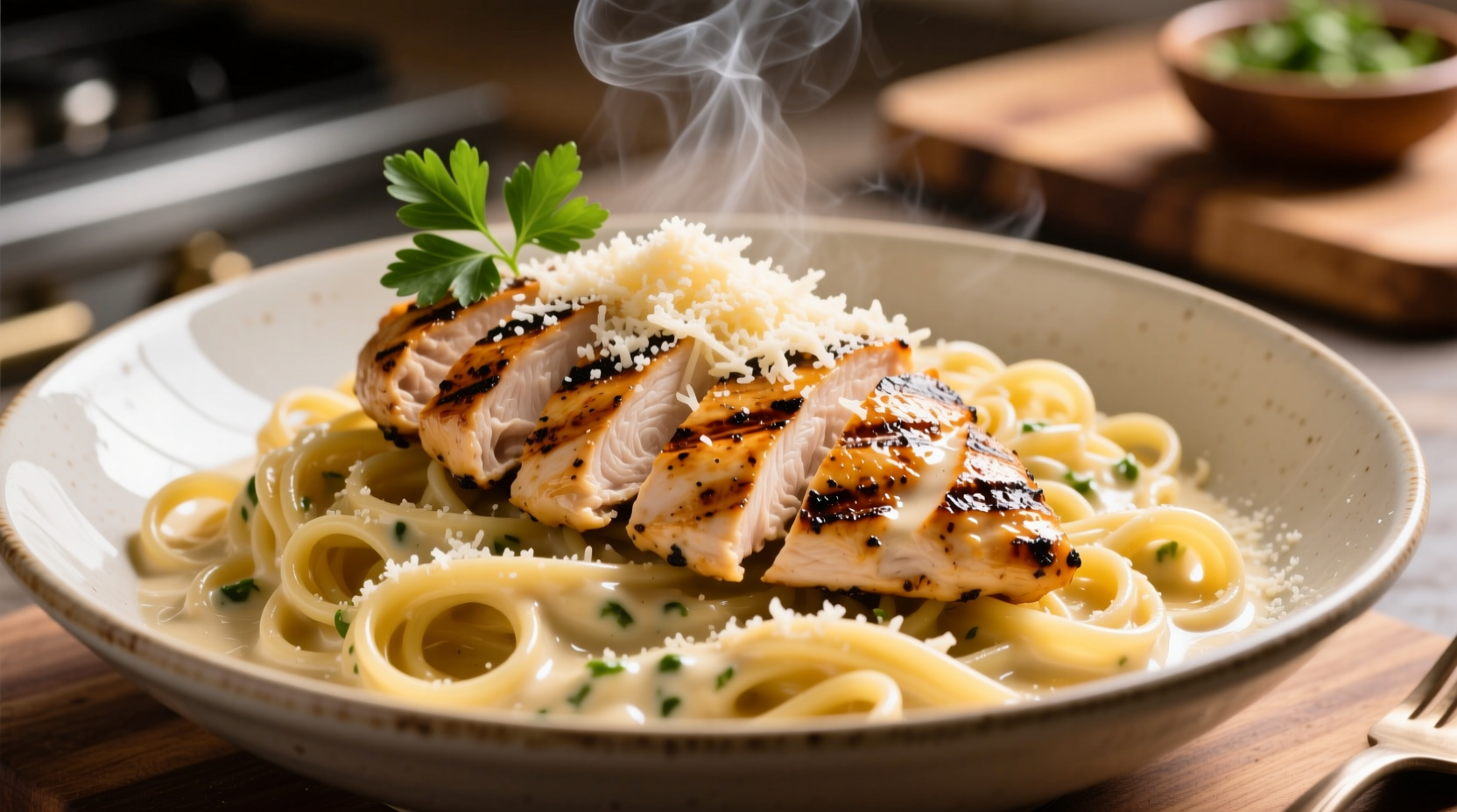 Creamy garlic parmesan pasta with grilled chicken