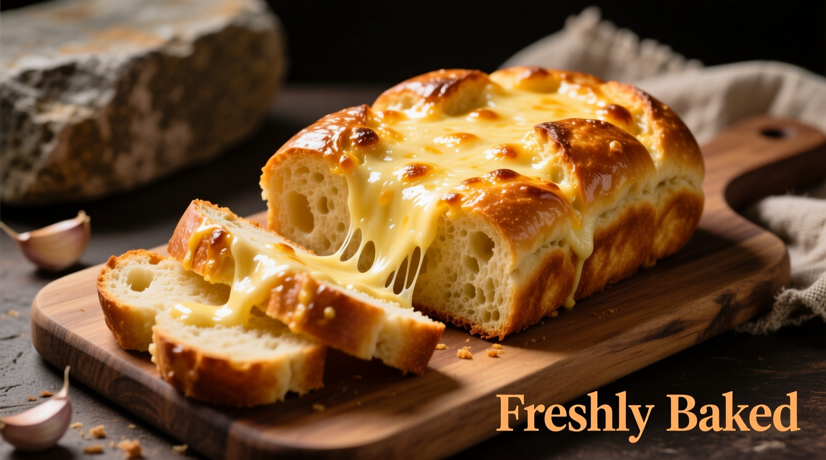 Freshly baked golden garlic cheese bread with melted cheese topping