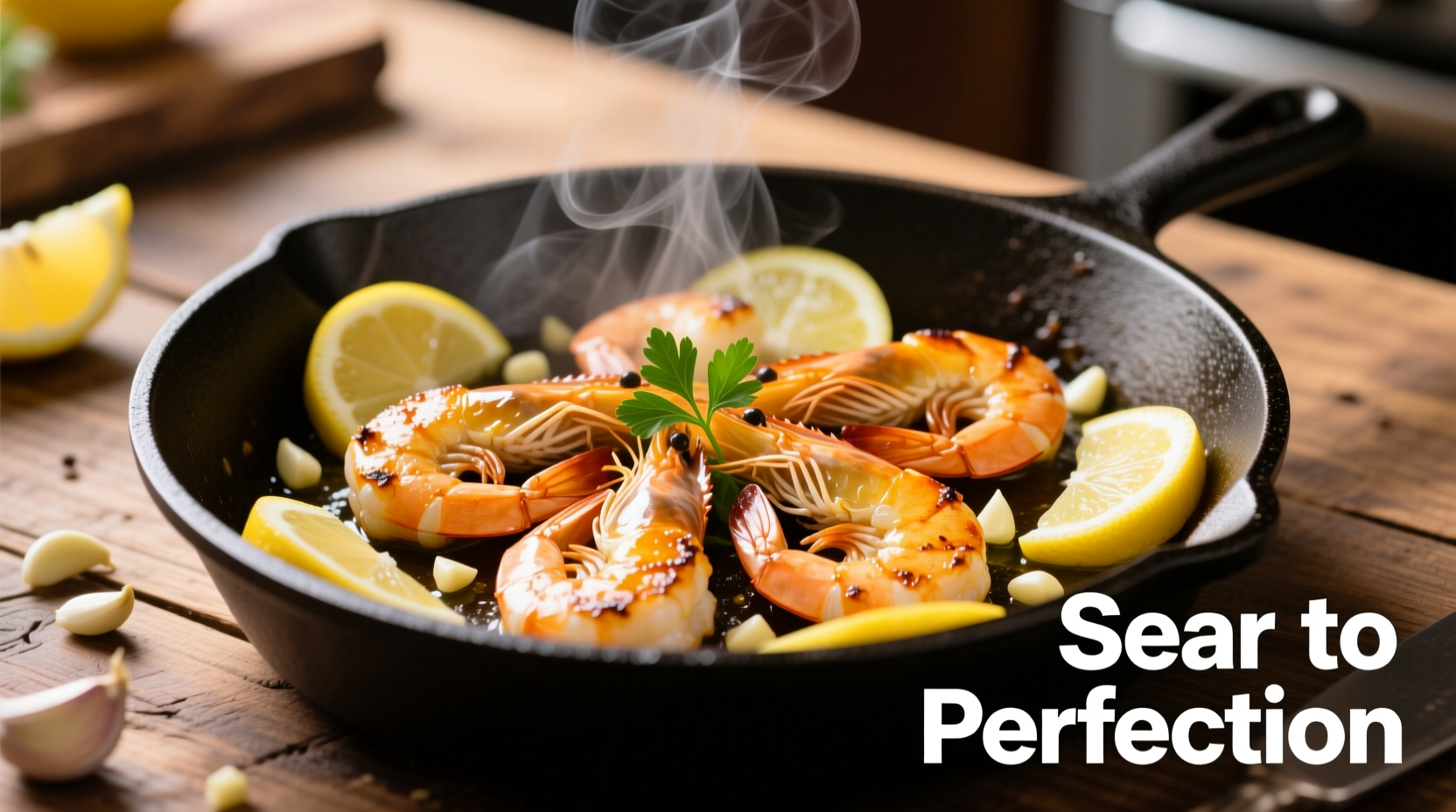 Perfectly seared garlic lemon shrimp in skillet