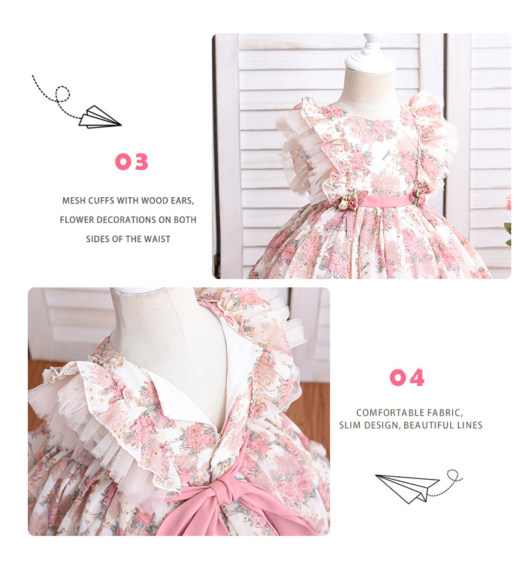 Wholesale New Born Girl Party Dress Court Style Hollow Embroidery Floral Printed Ruffle Lolita Spanish Baby Dress