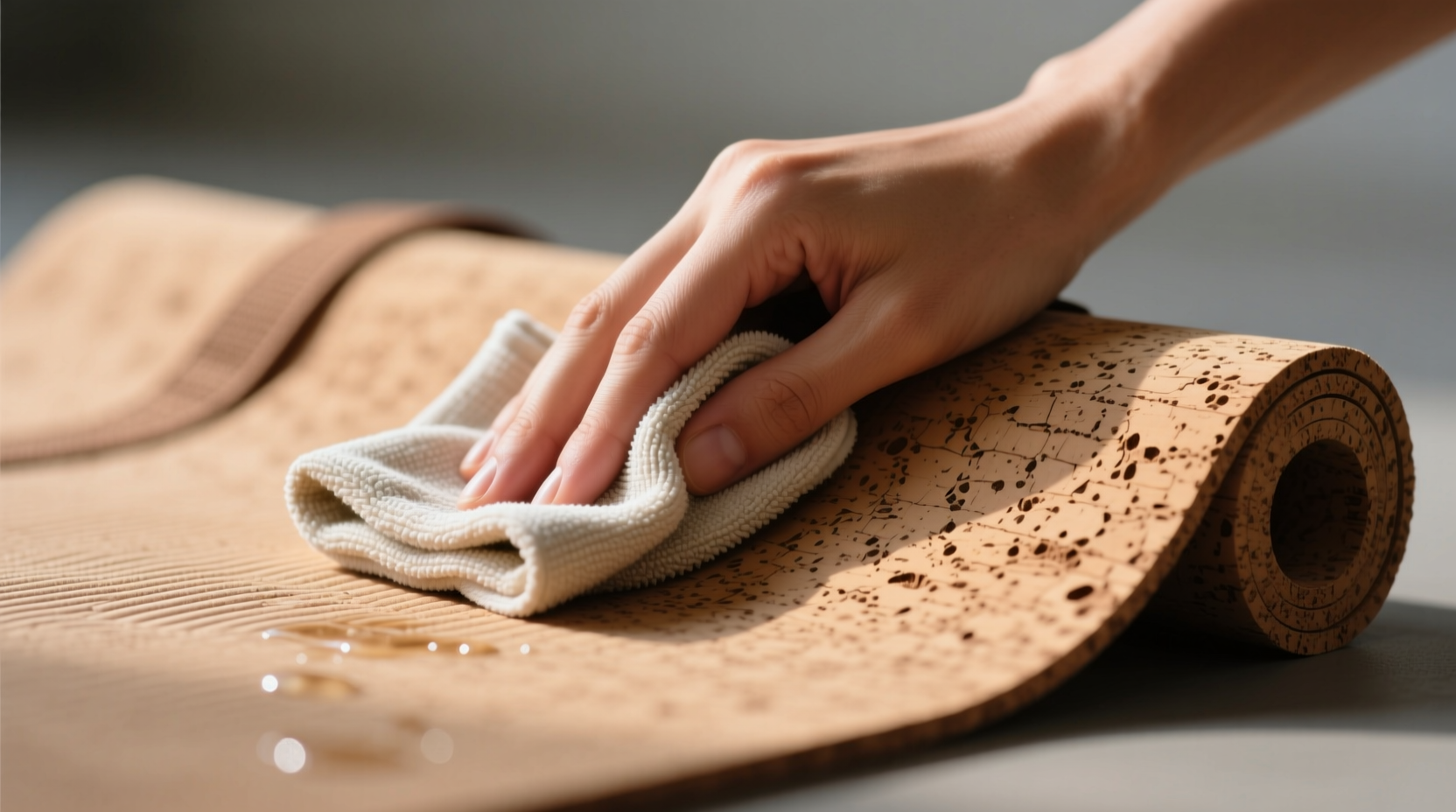 Close-up of a hand gently wiping a textured cork yoga mat bag with a folded microfiber cloth, showing directional motion and no visible moisture pooling or scrubbing pressure