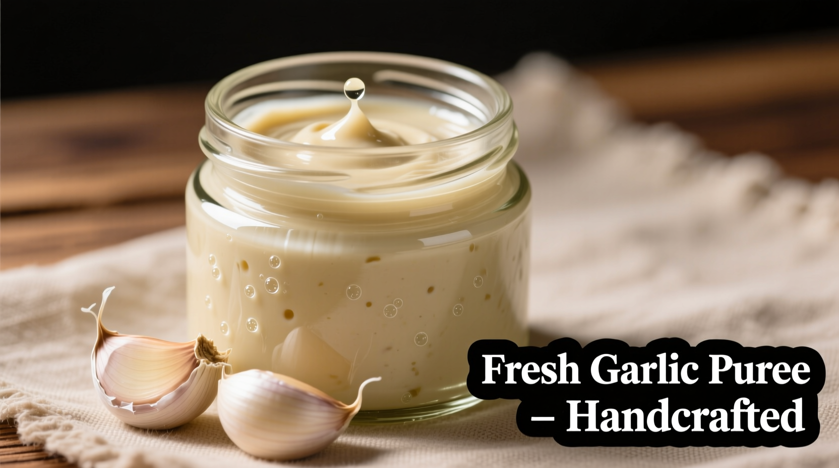Smooth garlic puree in glass jar with fresh cloves