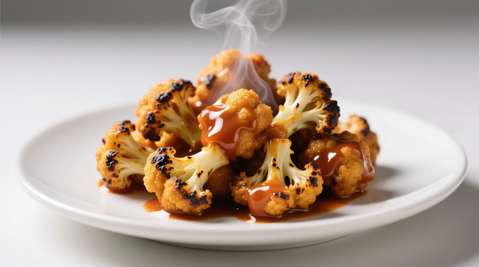 Crispy golden cauliflower buffalo bites on white plate