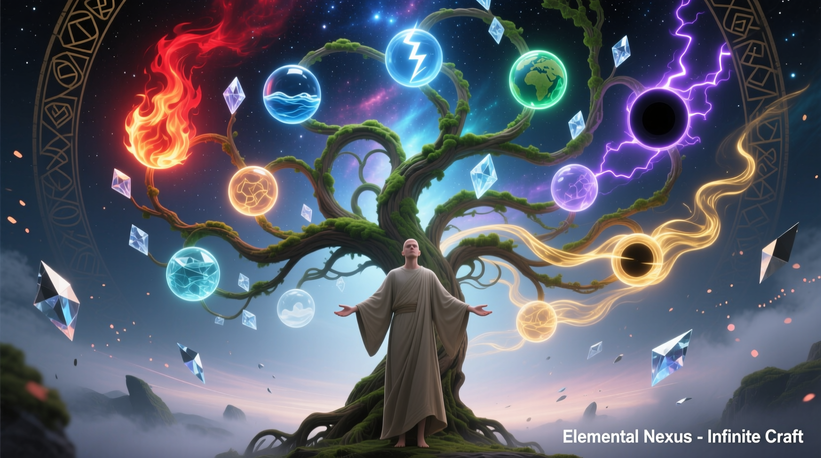 Infinite Craft element tree visualization with human at center