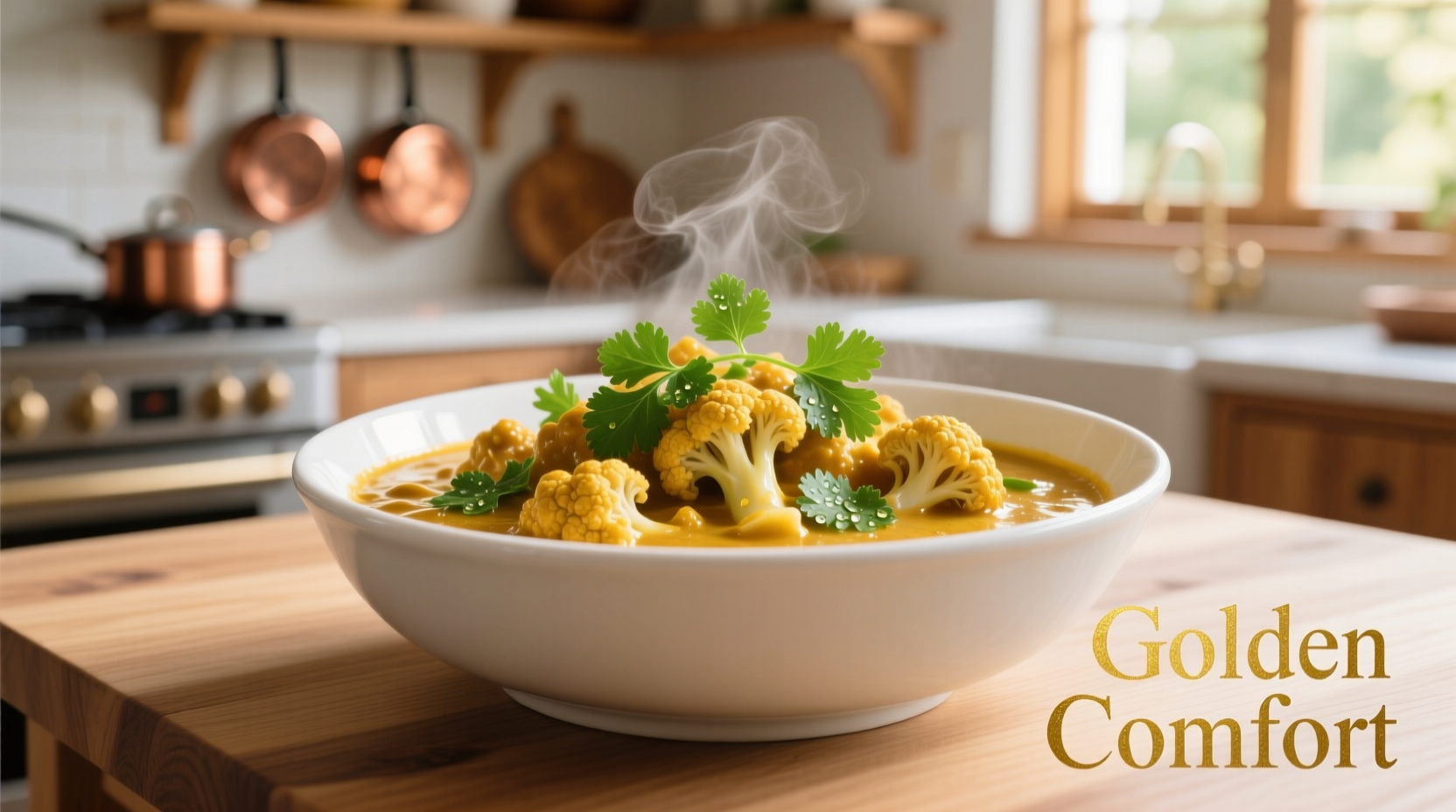 Golden cauliflower curry in white bowl with fresh cilantro