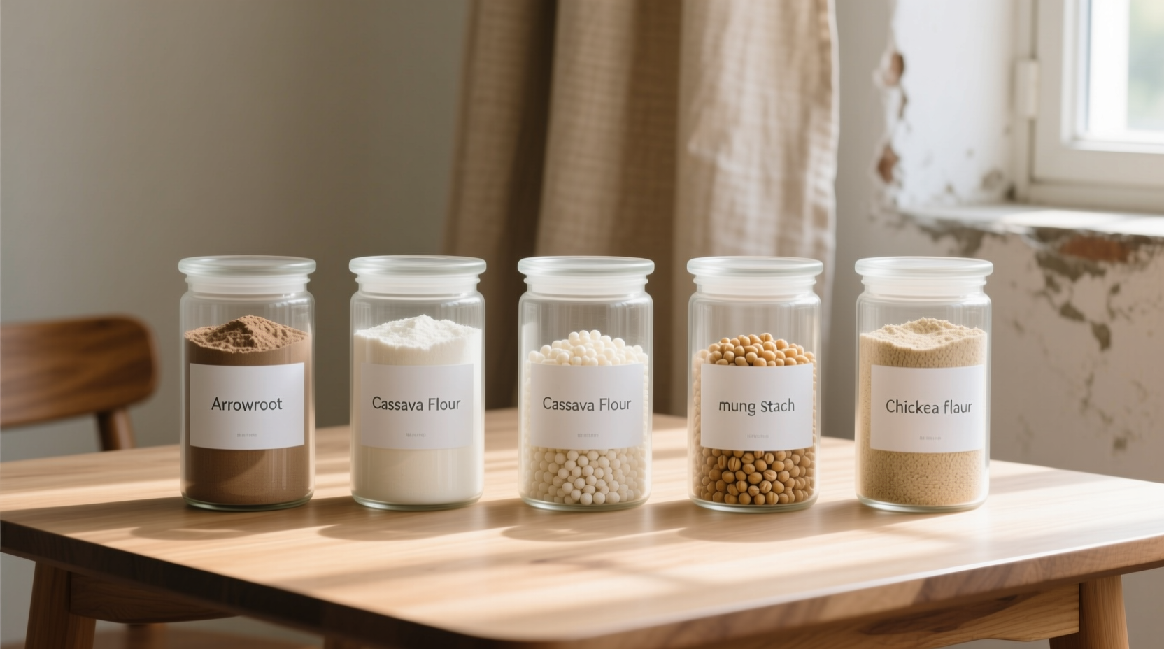 Various starch alternatives in glass containers