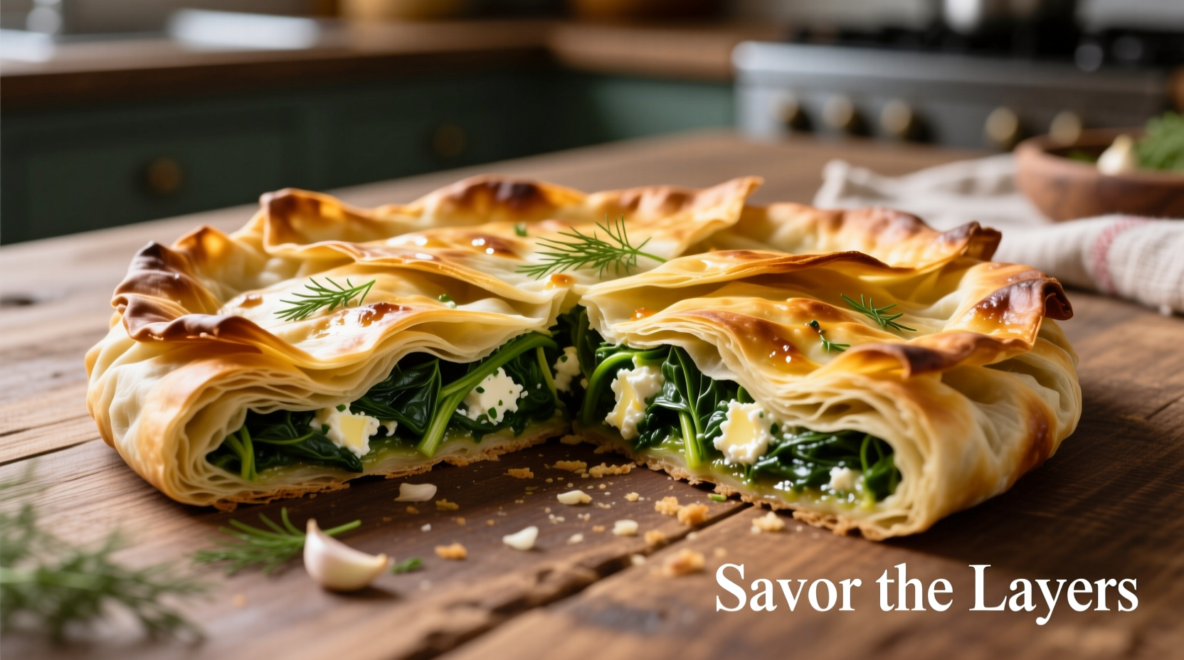Golden brown spanakopita cut to reveal flaky layers and spinach filling
