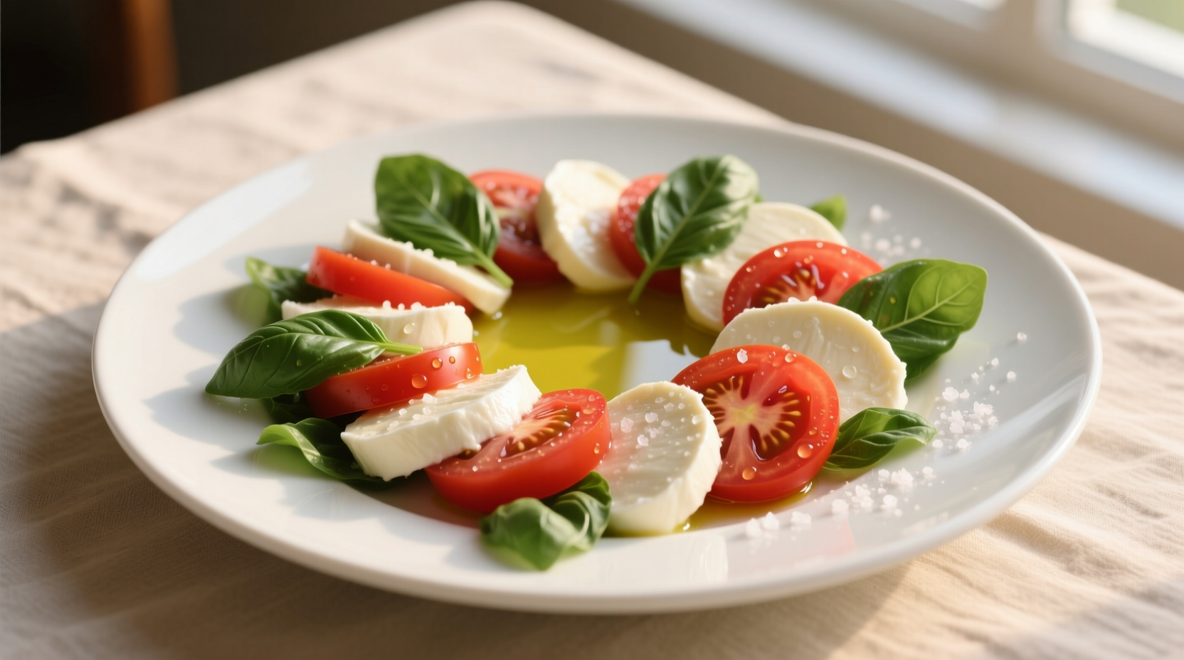 Fresh tomato basil mozzarella salad on white plate