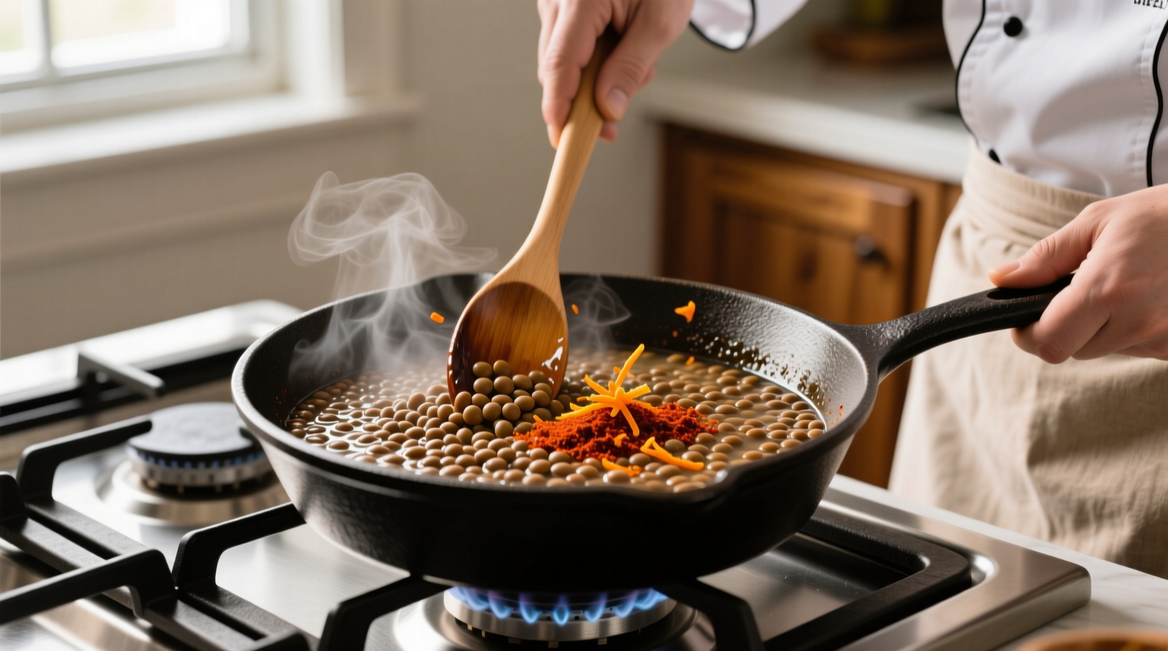 Chef stirring lentils in a pan with smoked paprika and orange zest