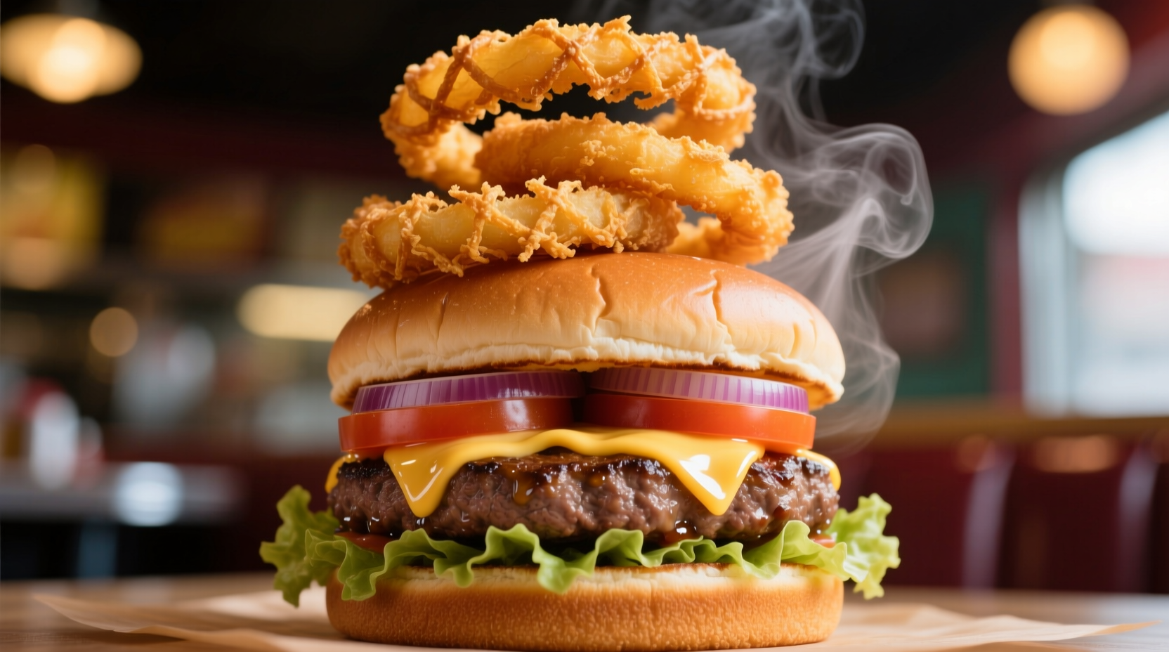 Crispy onion rings stacked on a juicy beef burger
