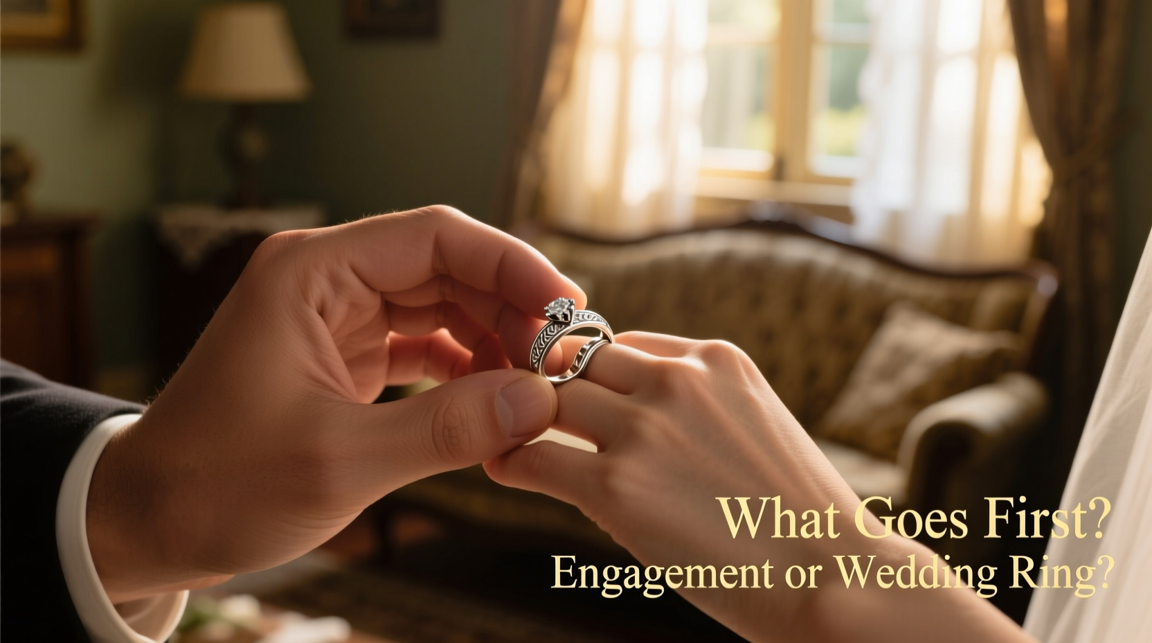 what goes on first wedding or engagement ring