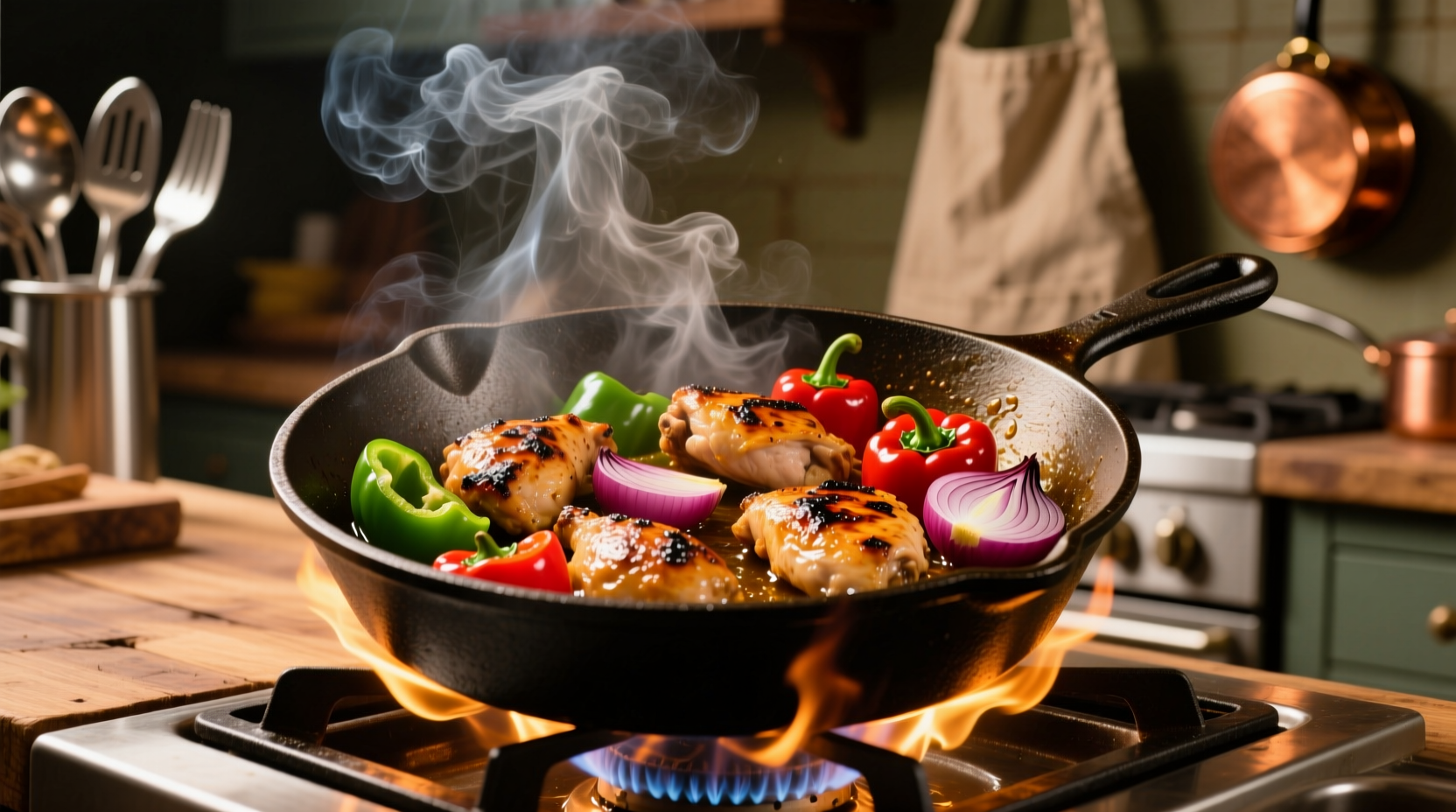 Sizzling chicken peppers and onions in cast iron skillet