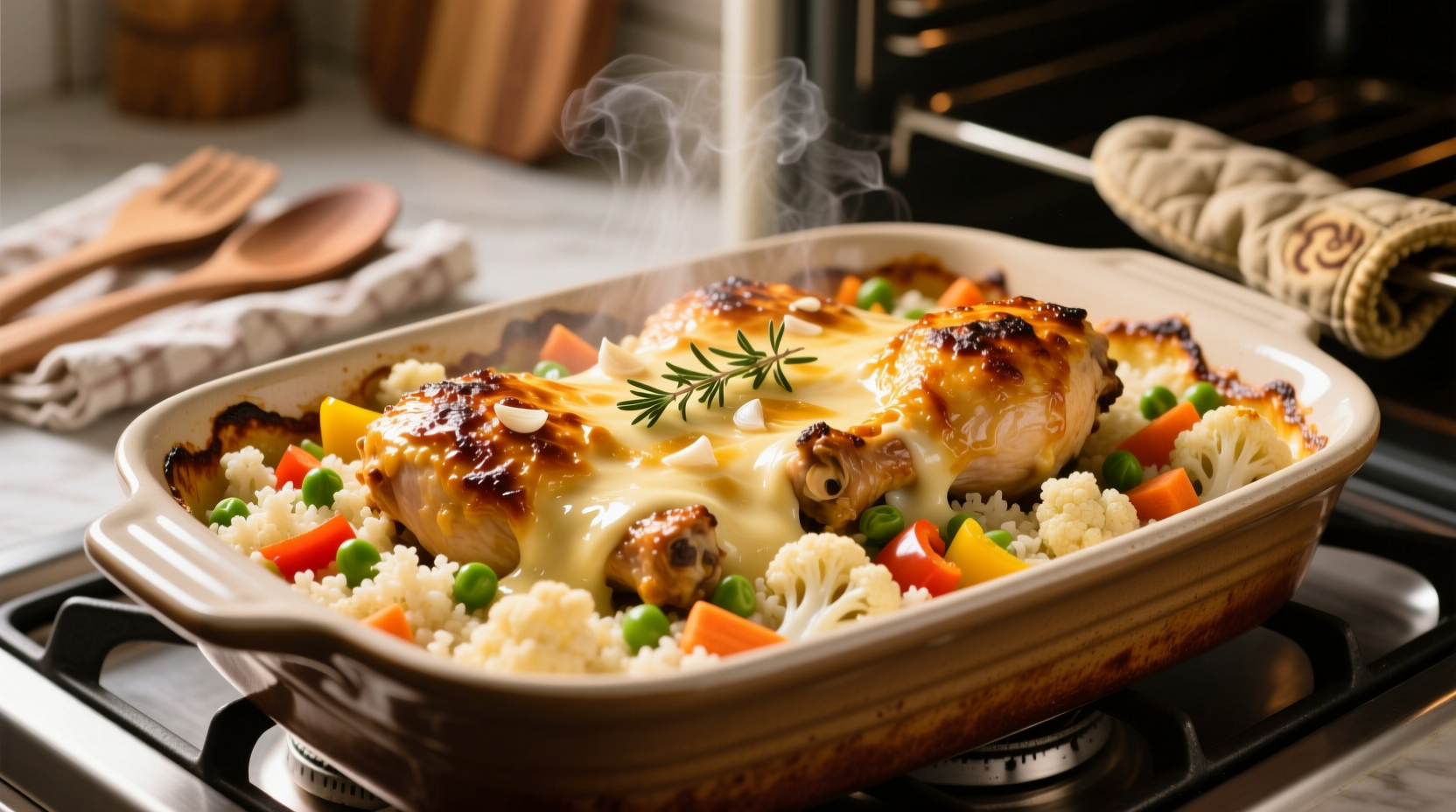 Golden chicken cauliflower rice casserole fresh from oven