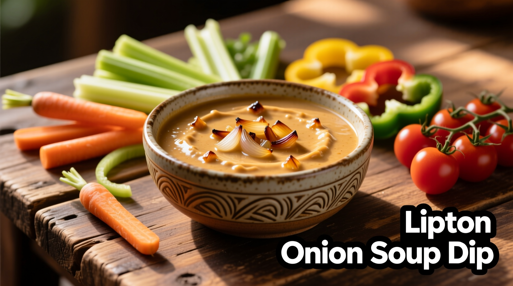 Lipton Zwiebelsuppe mit Gemüsedips in Keramikschüssel