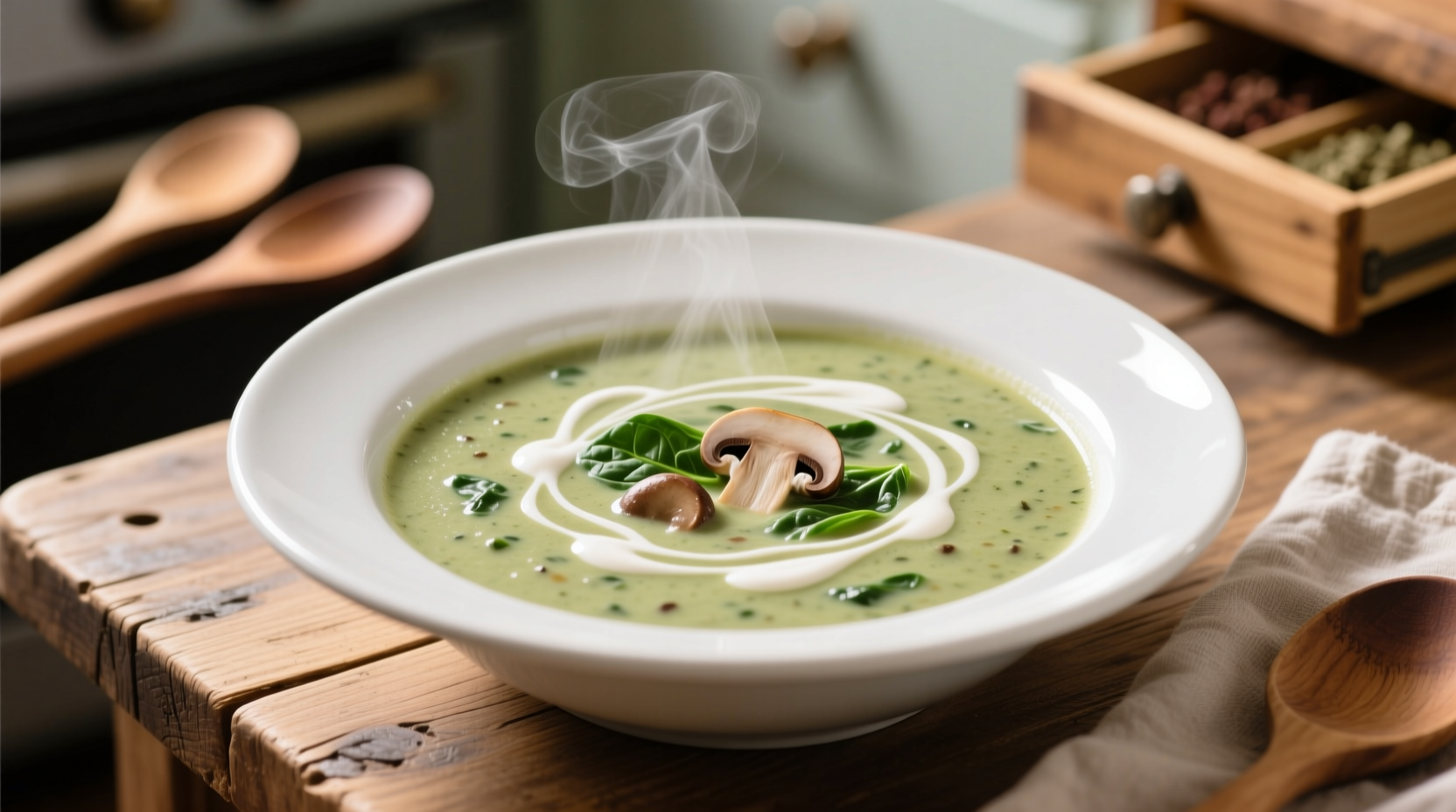 Creamy spinach mushroom soup in white bowl