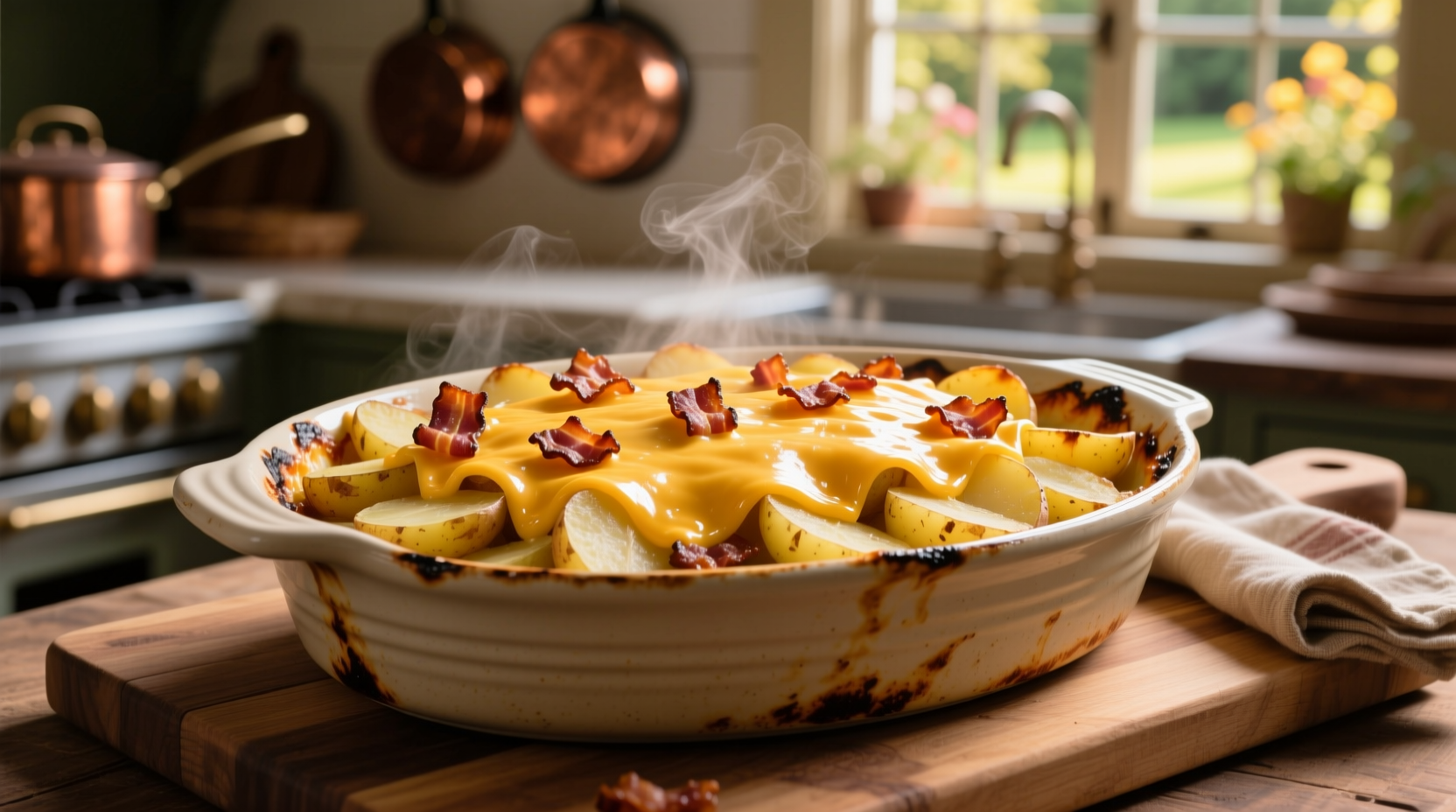 Loaded potato casserole with melted cheese and bacon