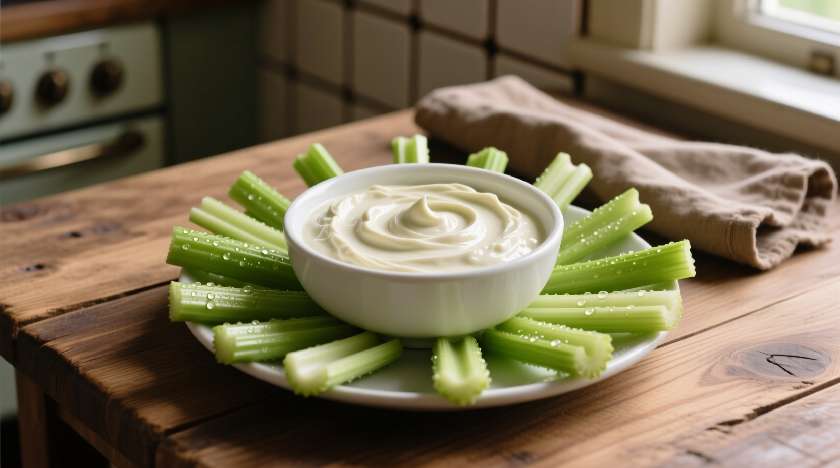 Creamy celery dip in white bowl with celery sticks