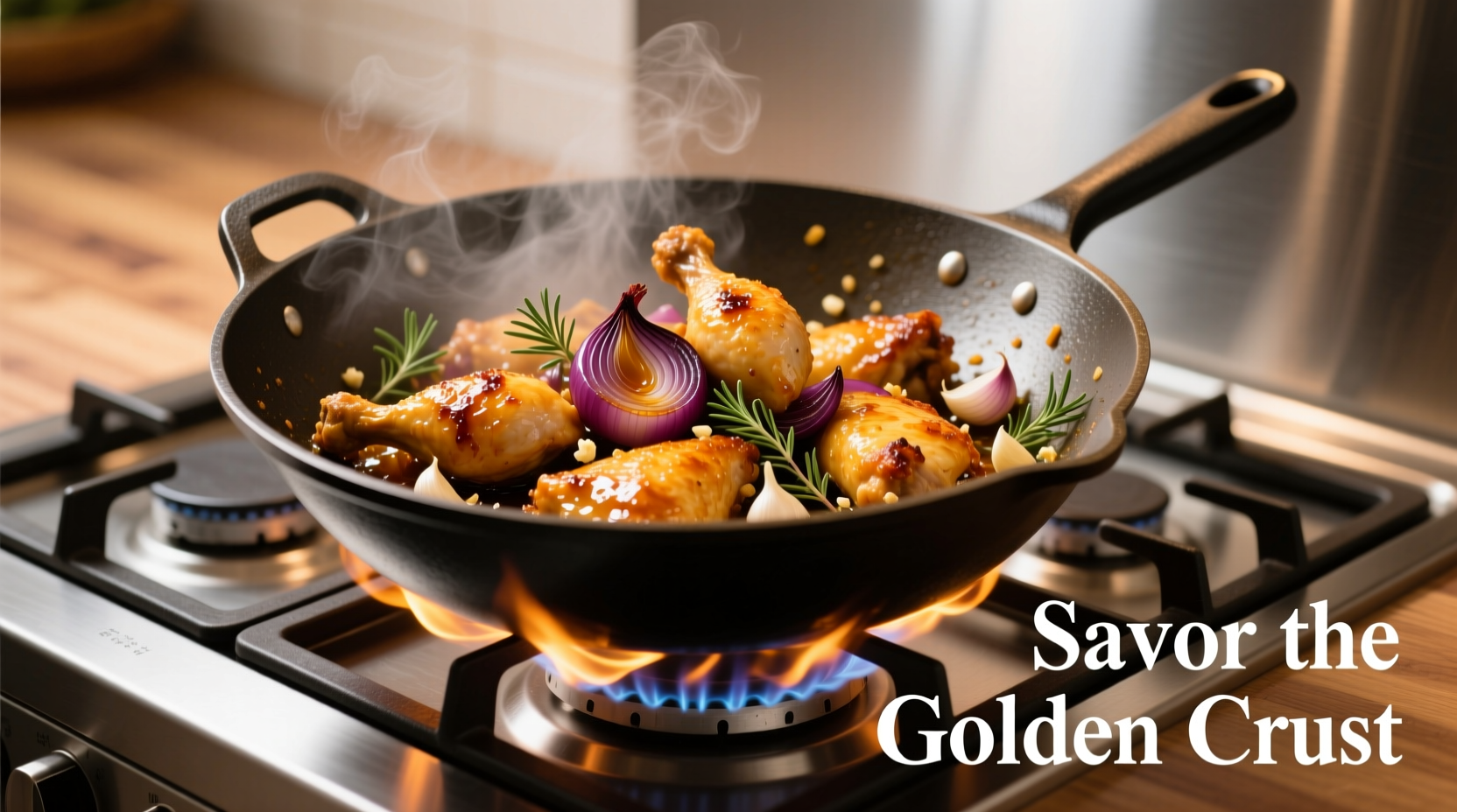 Golden chicken with caramelized onions in wok