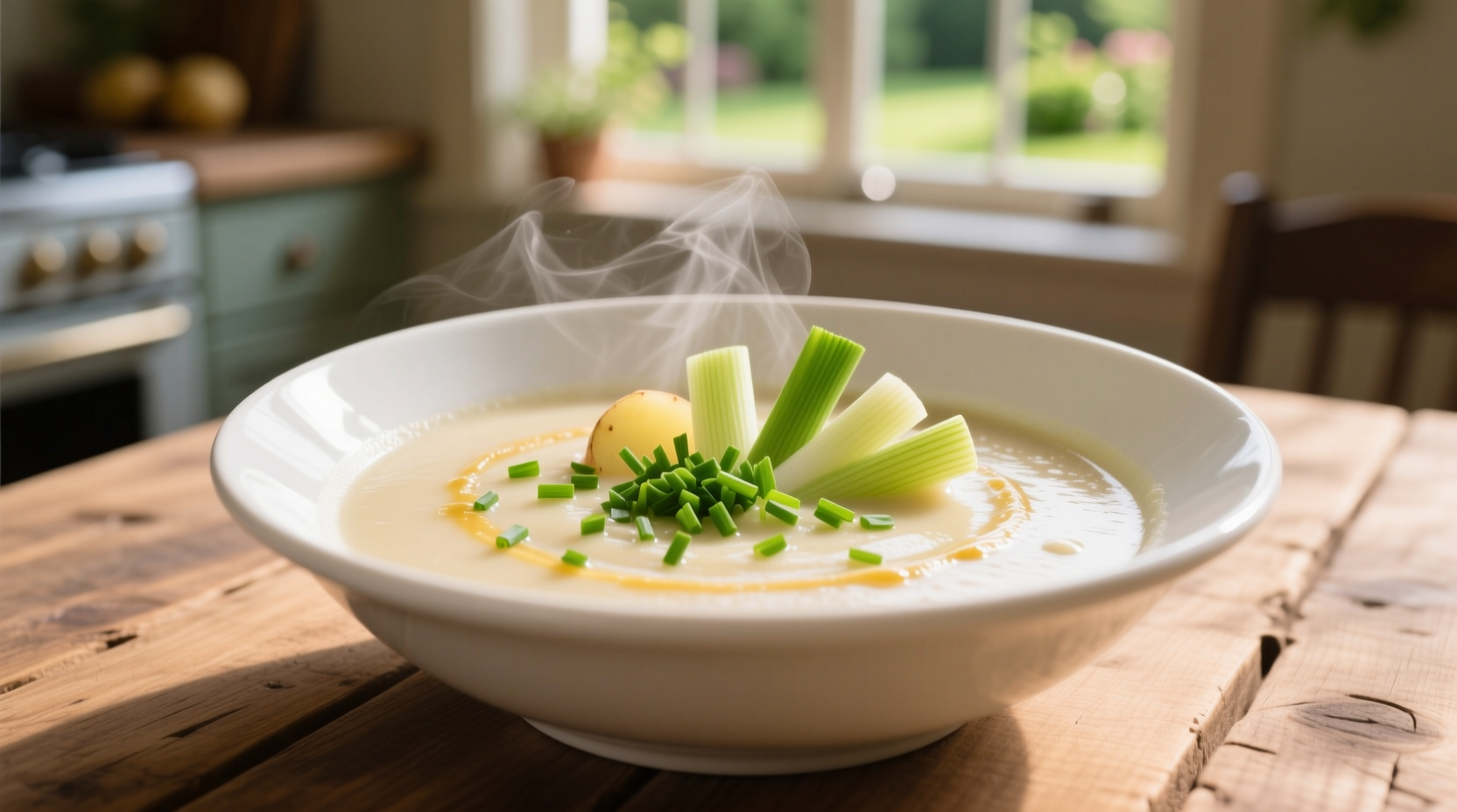 Creamy potato leek soup in white bowl with fresh chive garnish