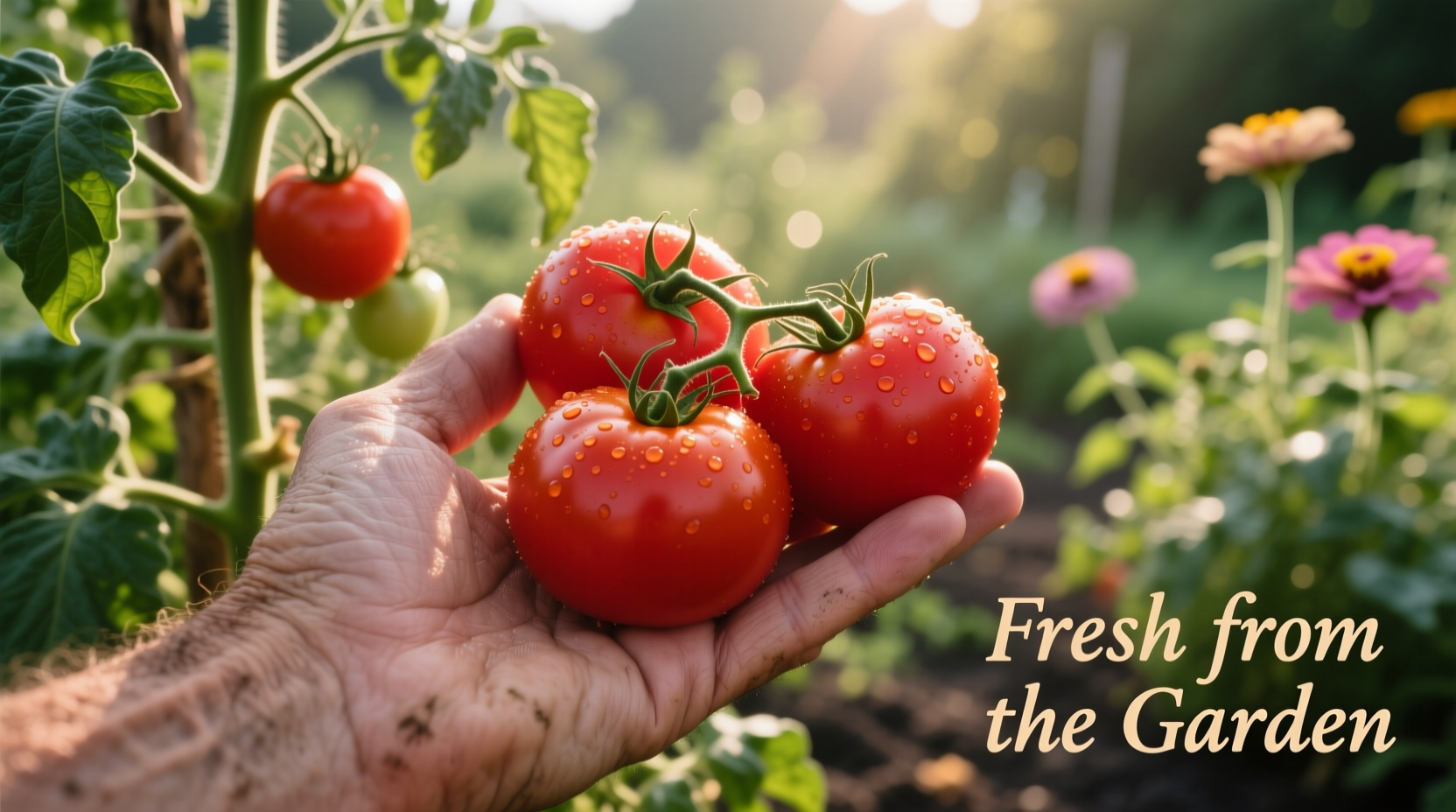 Hand holding perfectly ripe red tomatoes in a garden
