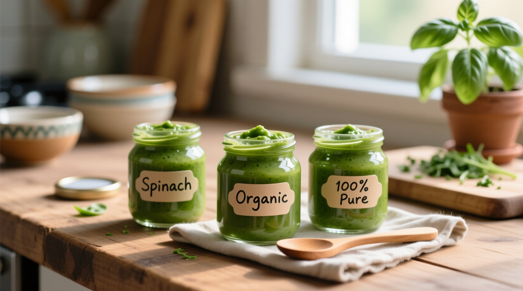 Homemade spinach puree in baby food jars