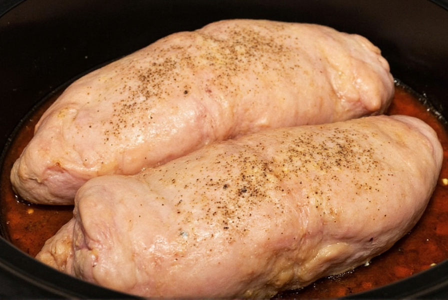 Truthahnbrust vor dem Garen gewürzt mit Pfeffer