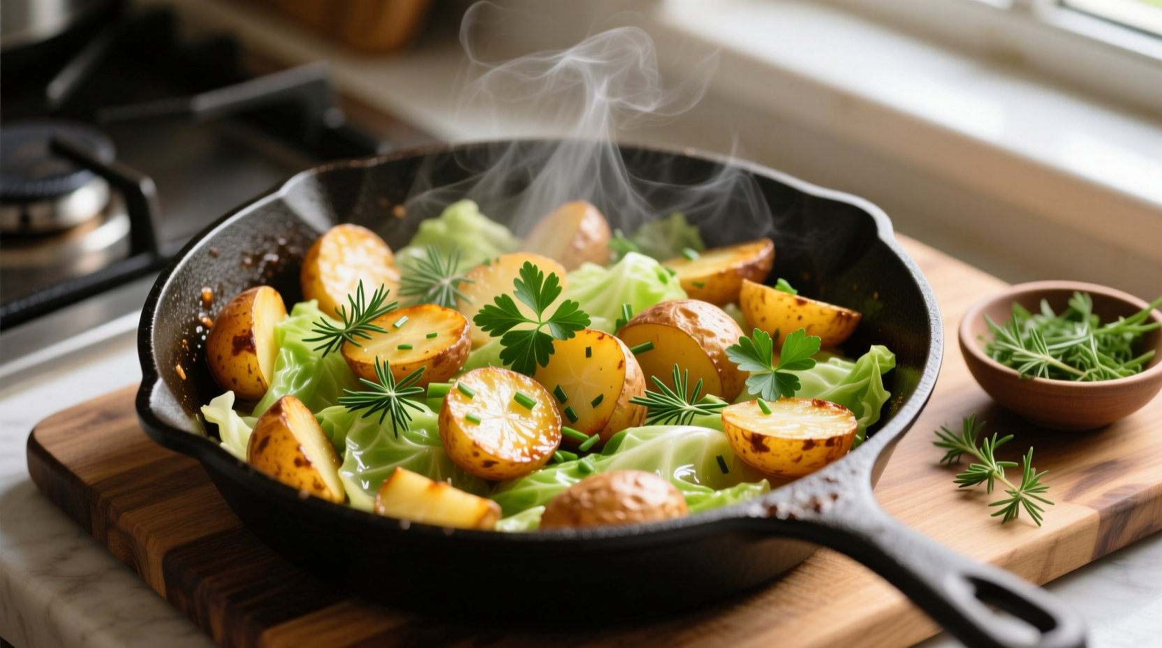 Golden potato and cabbage skillet with fresh herbs