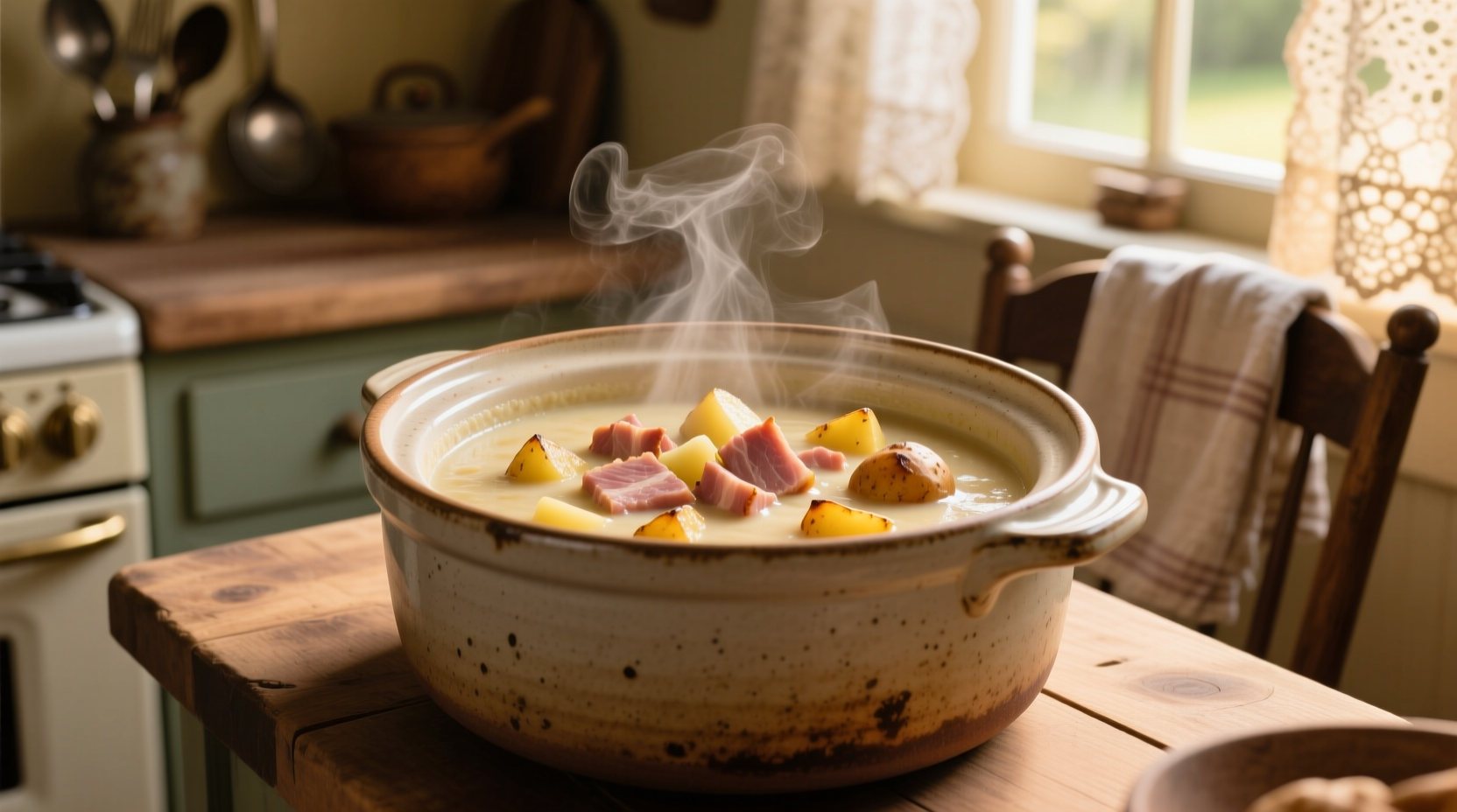 Slow cooker filled with creamy ham and potato soup