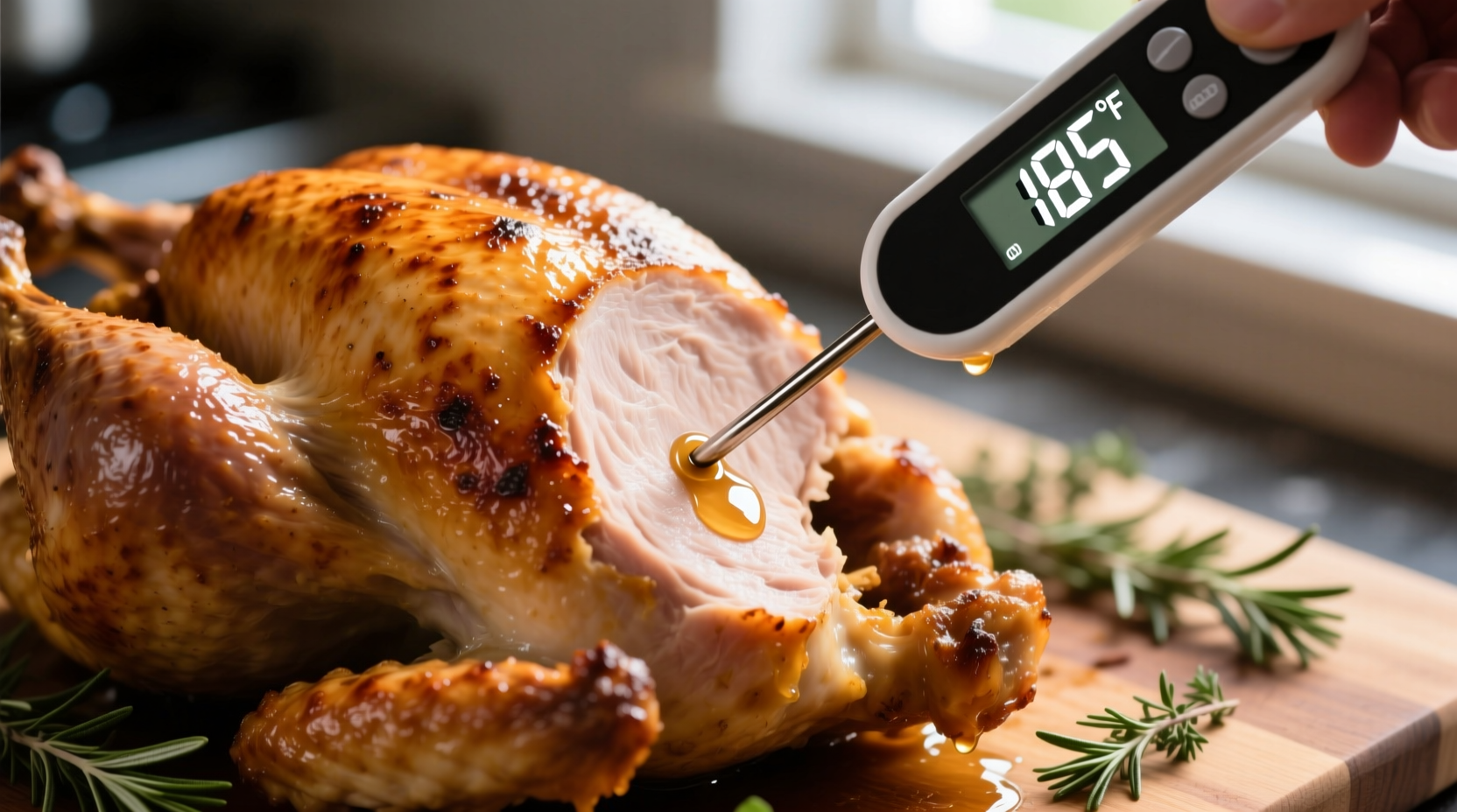 Thermometer checking turkey internal temperature