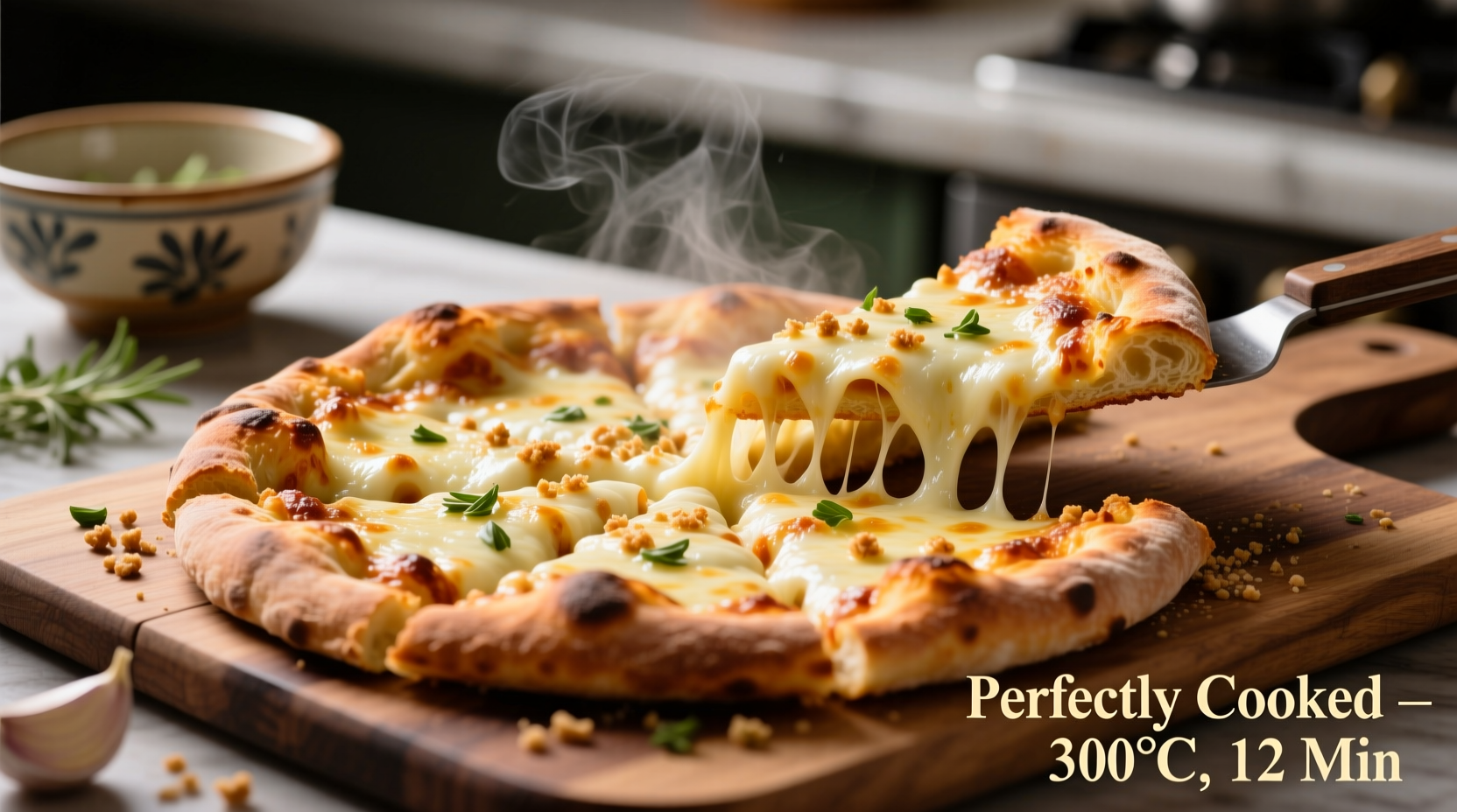 Perfectly cooked frozen garlic bread pizza with melted cheese