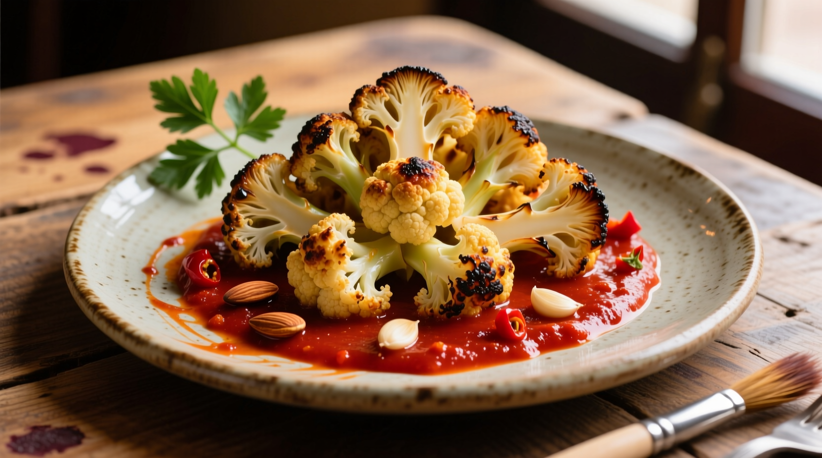 Roasted cauliflower with vibrant red romesco sauce