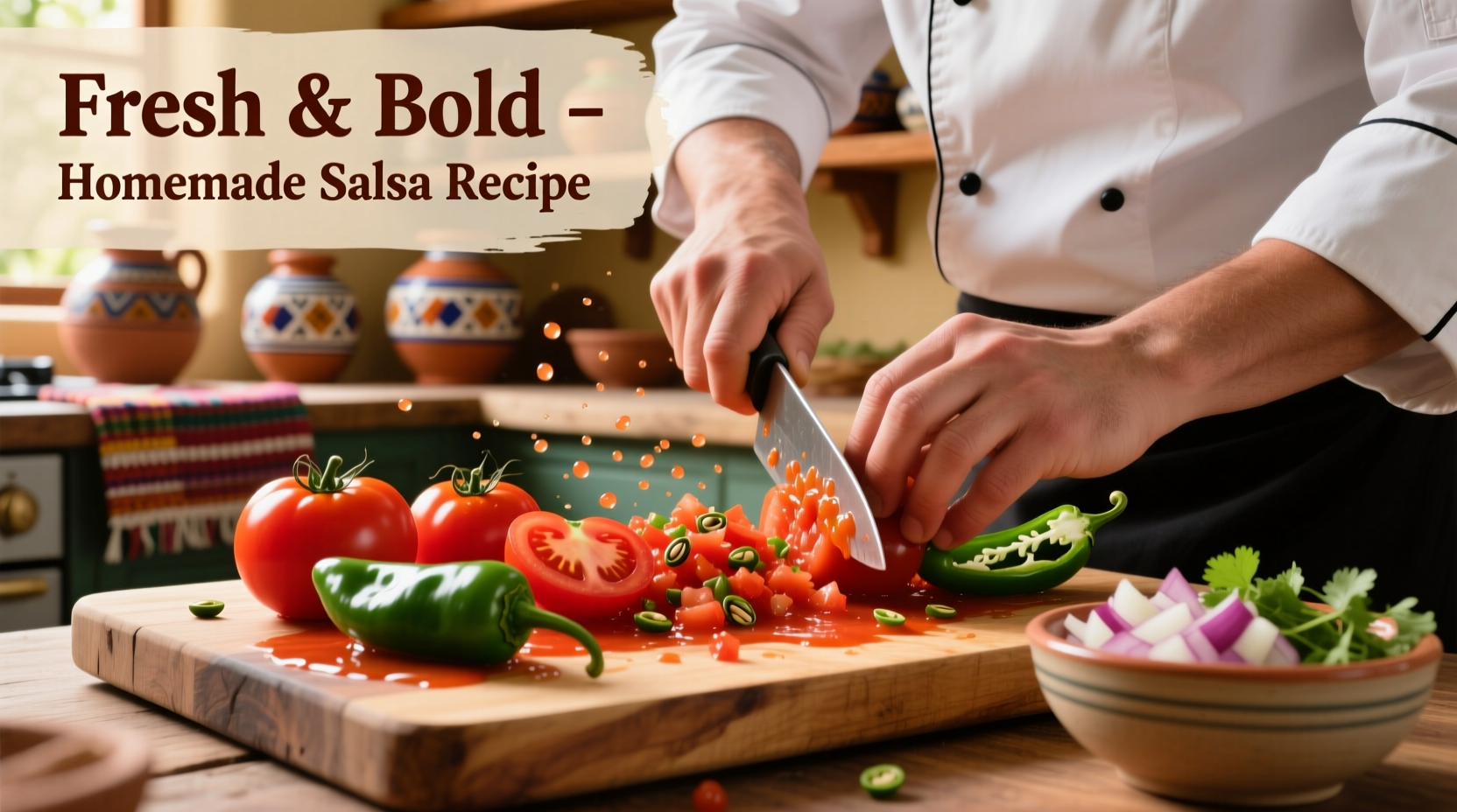 Chopping fresh tomatoes and jalapeños for homemade salsa recipe