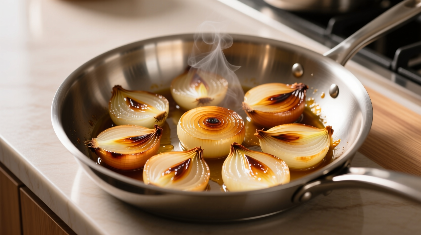 Golden brown onions in stainless steel pan