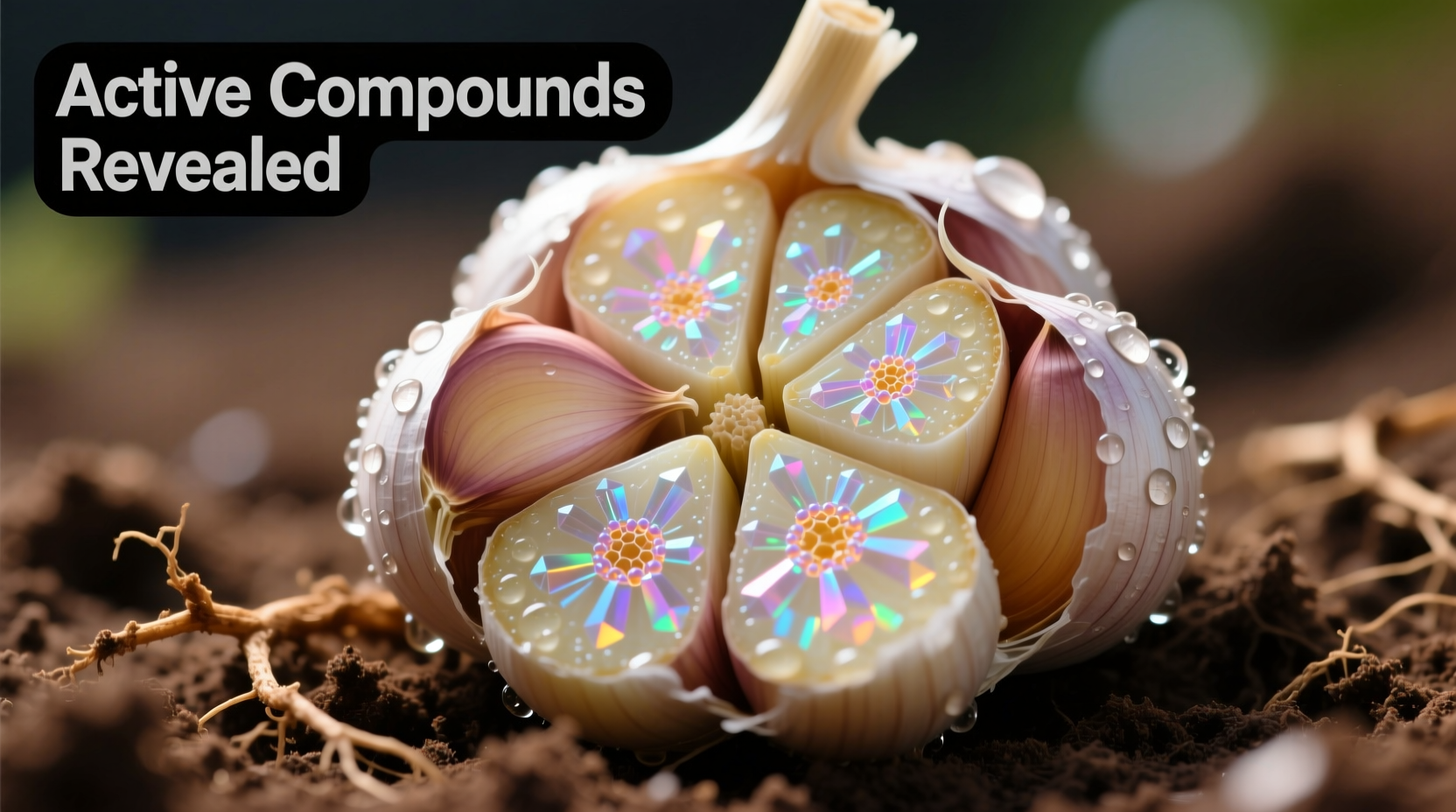 Fresh garlic cloves with cross-section showing active compounds