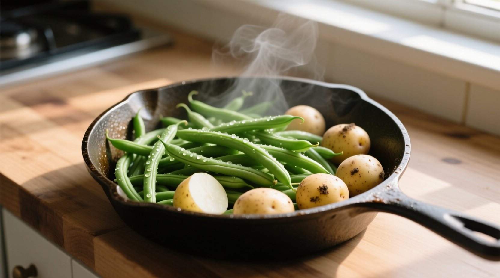 Fresh green beans and potatoes in cast iron skillet