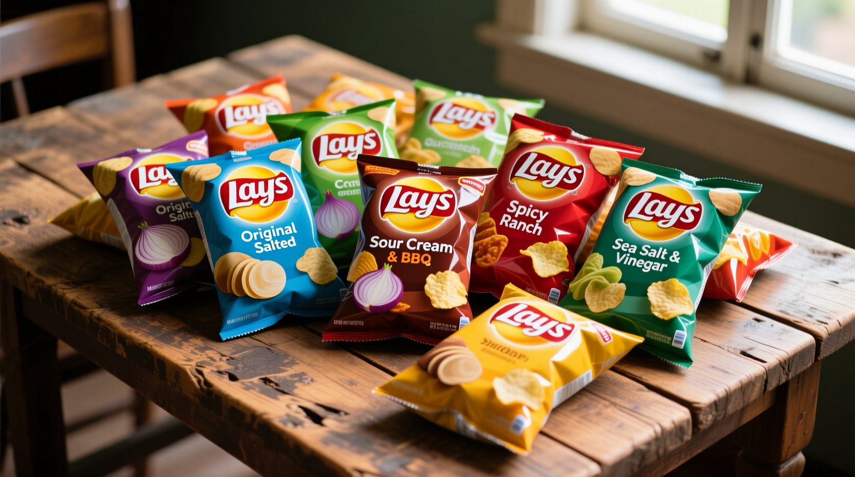 assortment of Lays flavored potato chip varieties on wooden table