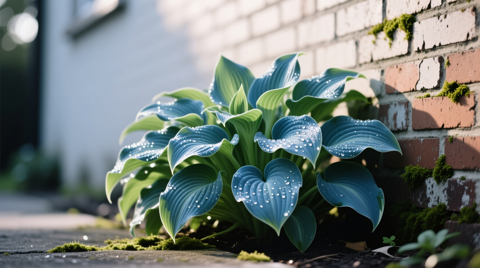 Hosta planted along north-facing brick foundation showing healthy blue foliage