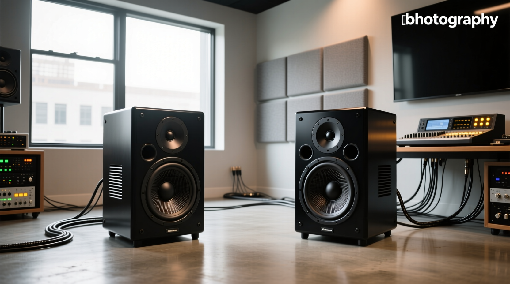 Dual 12-inch subwoofers with amplifier and wiring harness laid out on workbench