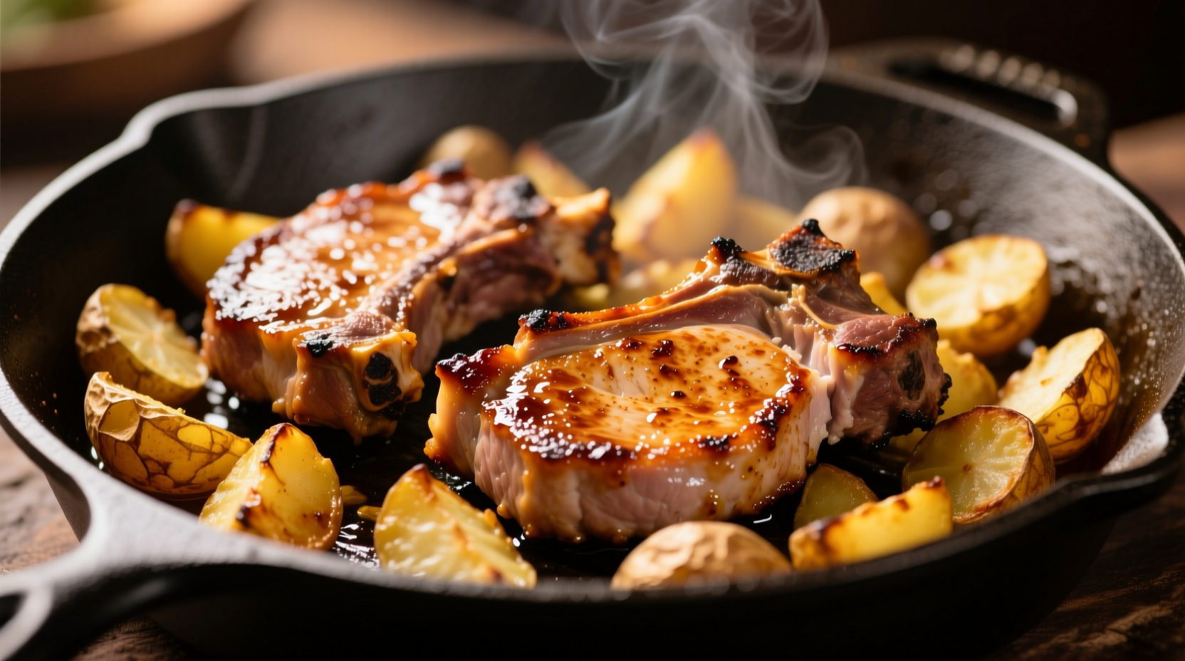 Golden pork chops with crispy roasted potatoes in cast iron skillet