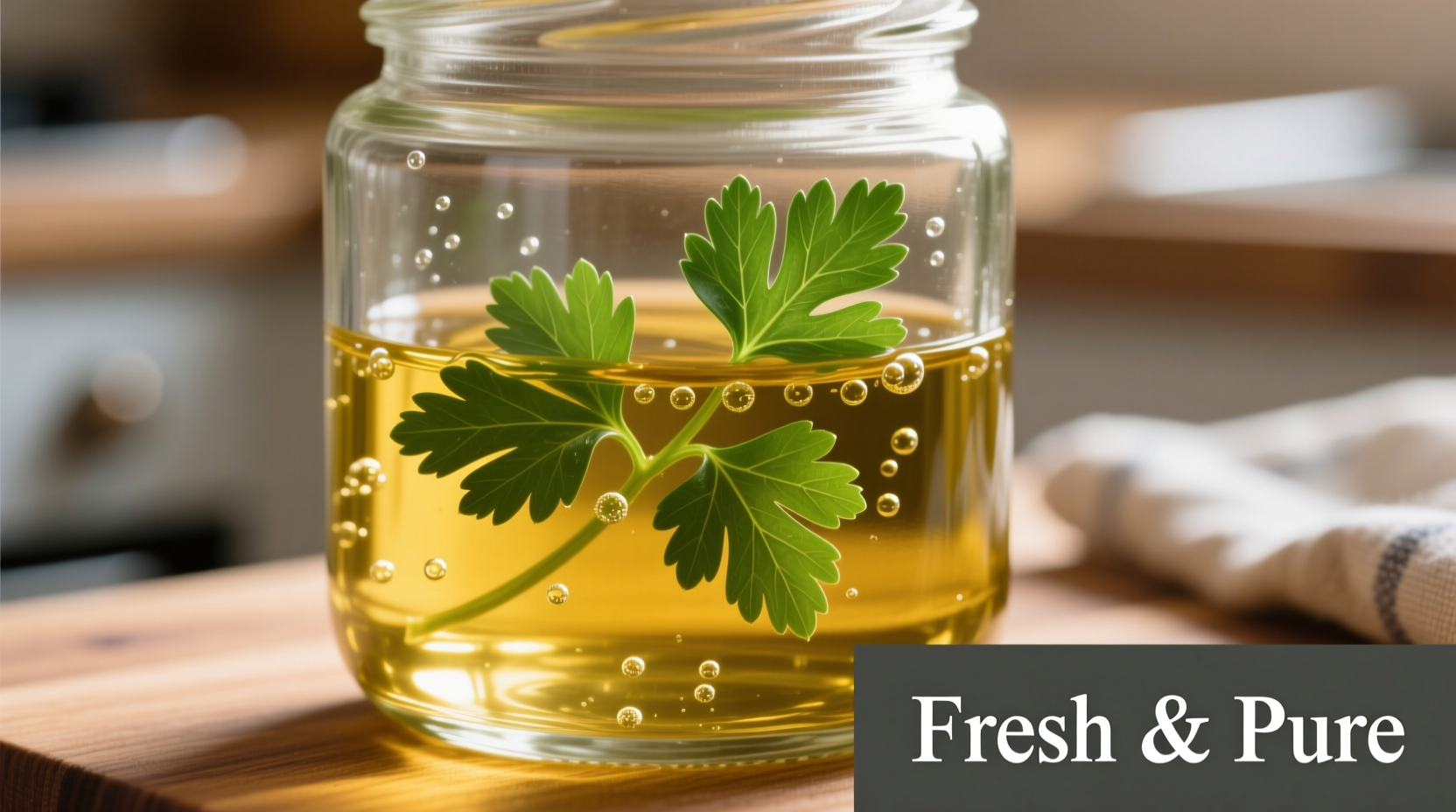 Fresh parsley leaves steeping in olive oil in glass container