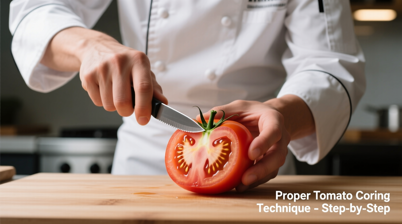 Chef demonstrating proper tomato coring technique