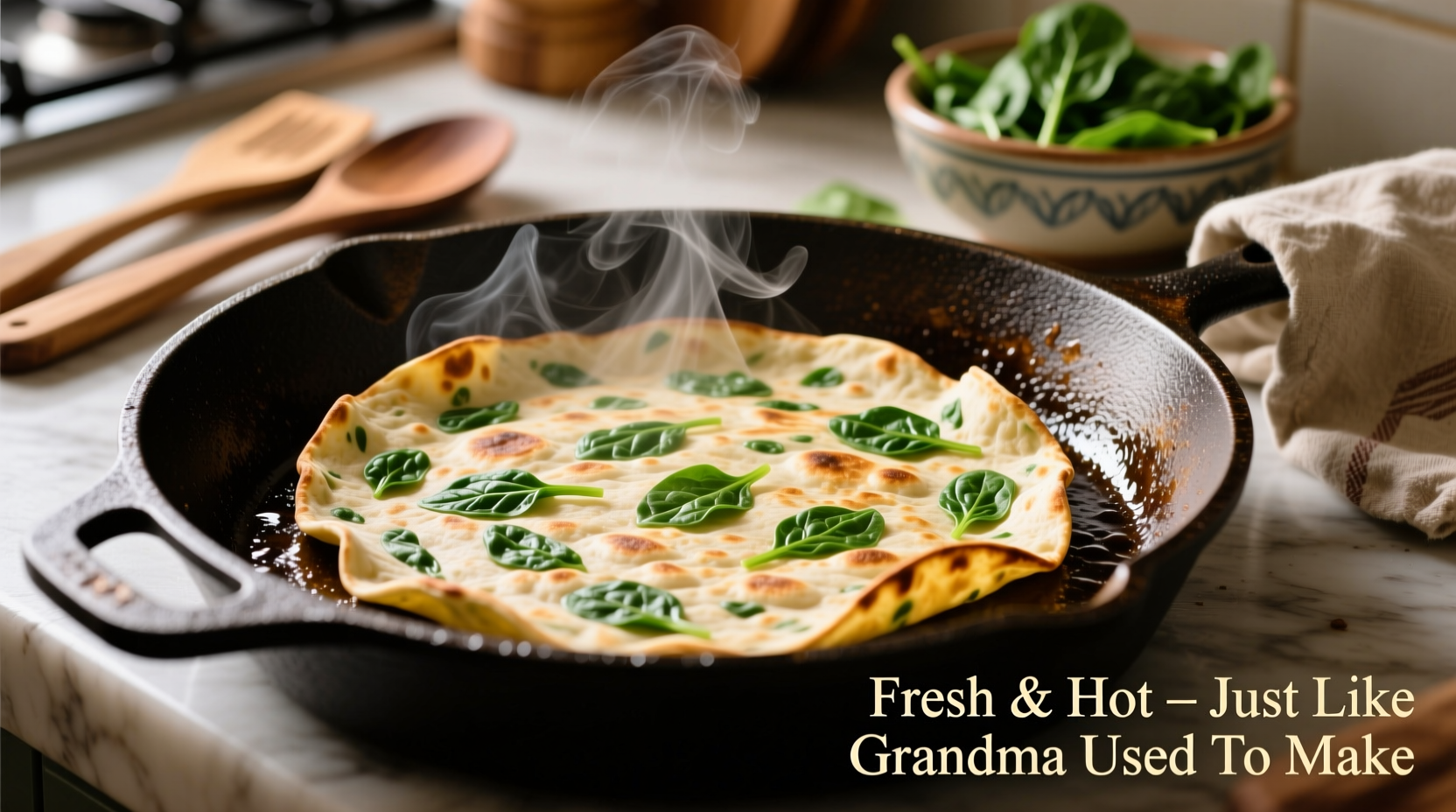Fresh spinach tortillas cooking on cast iron skillet