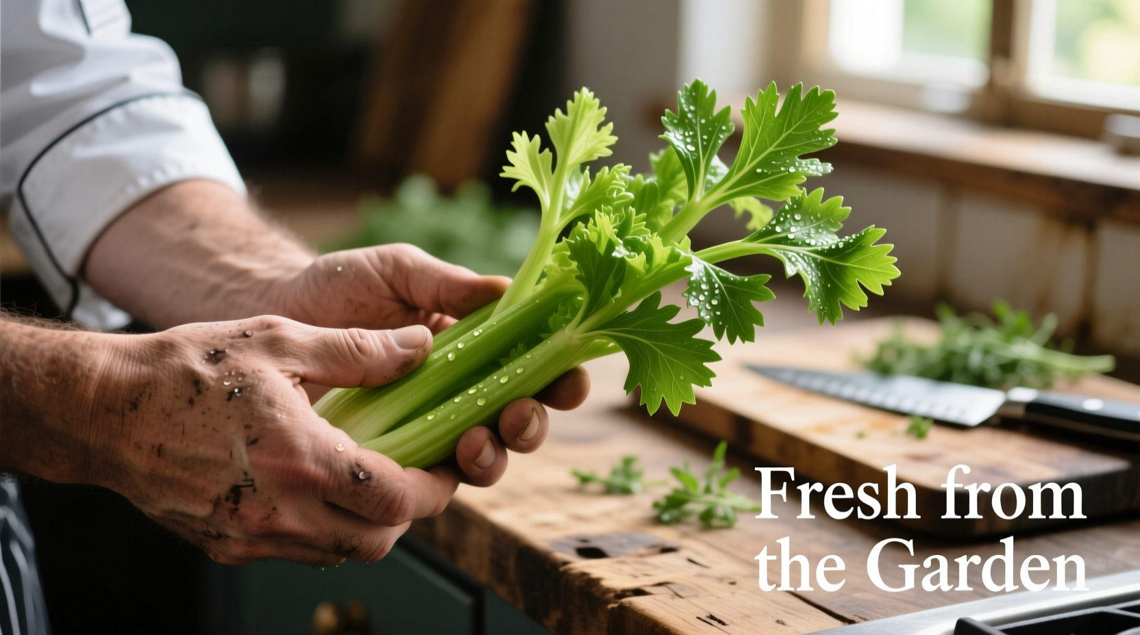 Fresh celery leaves in a chef's hand with vibrant green color
