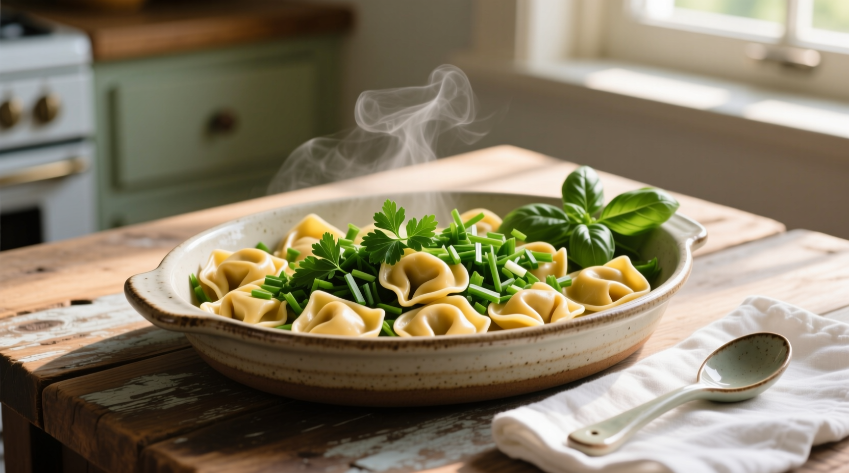 Trader Joe's spinach tortellini in serving bowl with fresh herbs