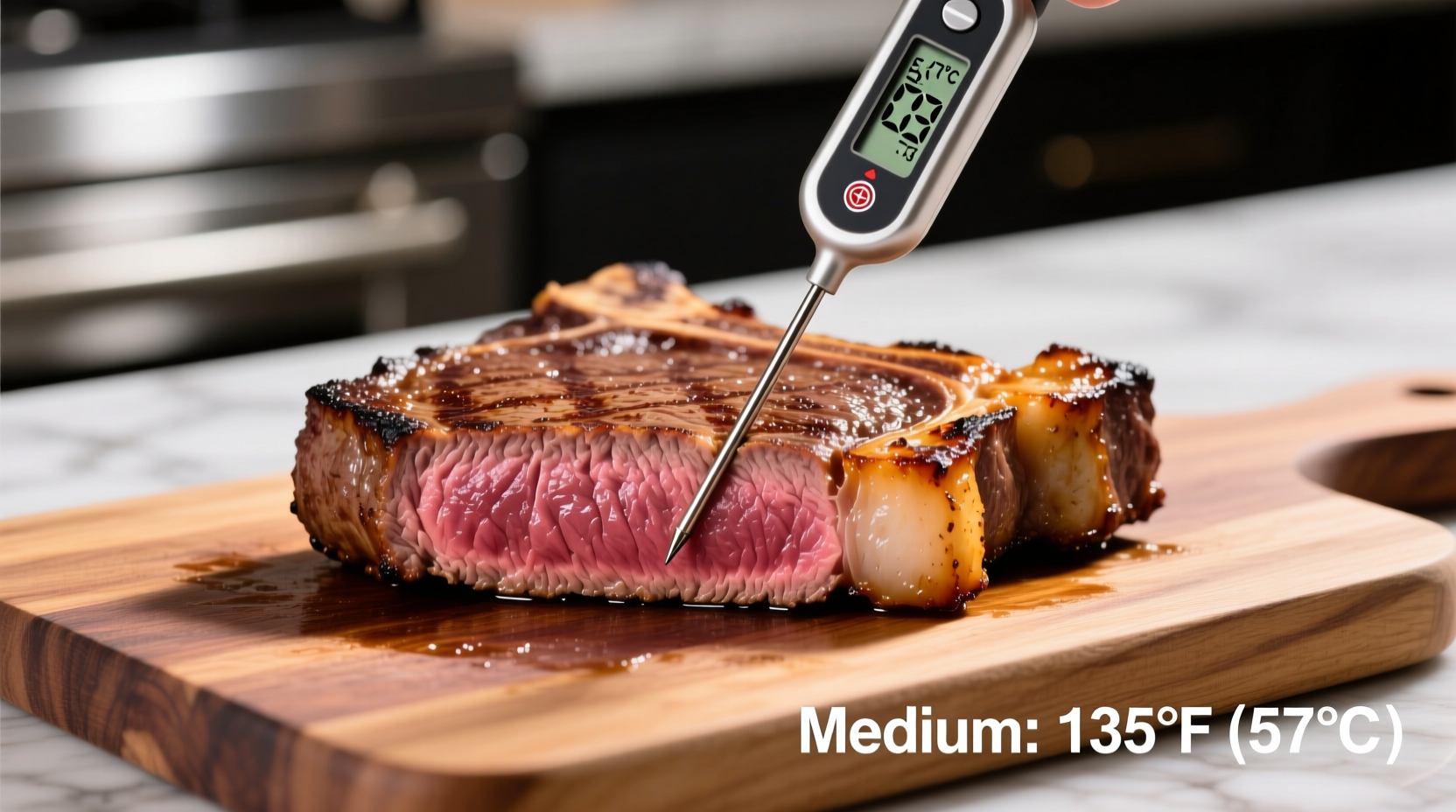 Medium steak temperature guide with thermometer