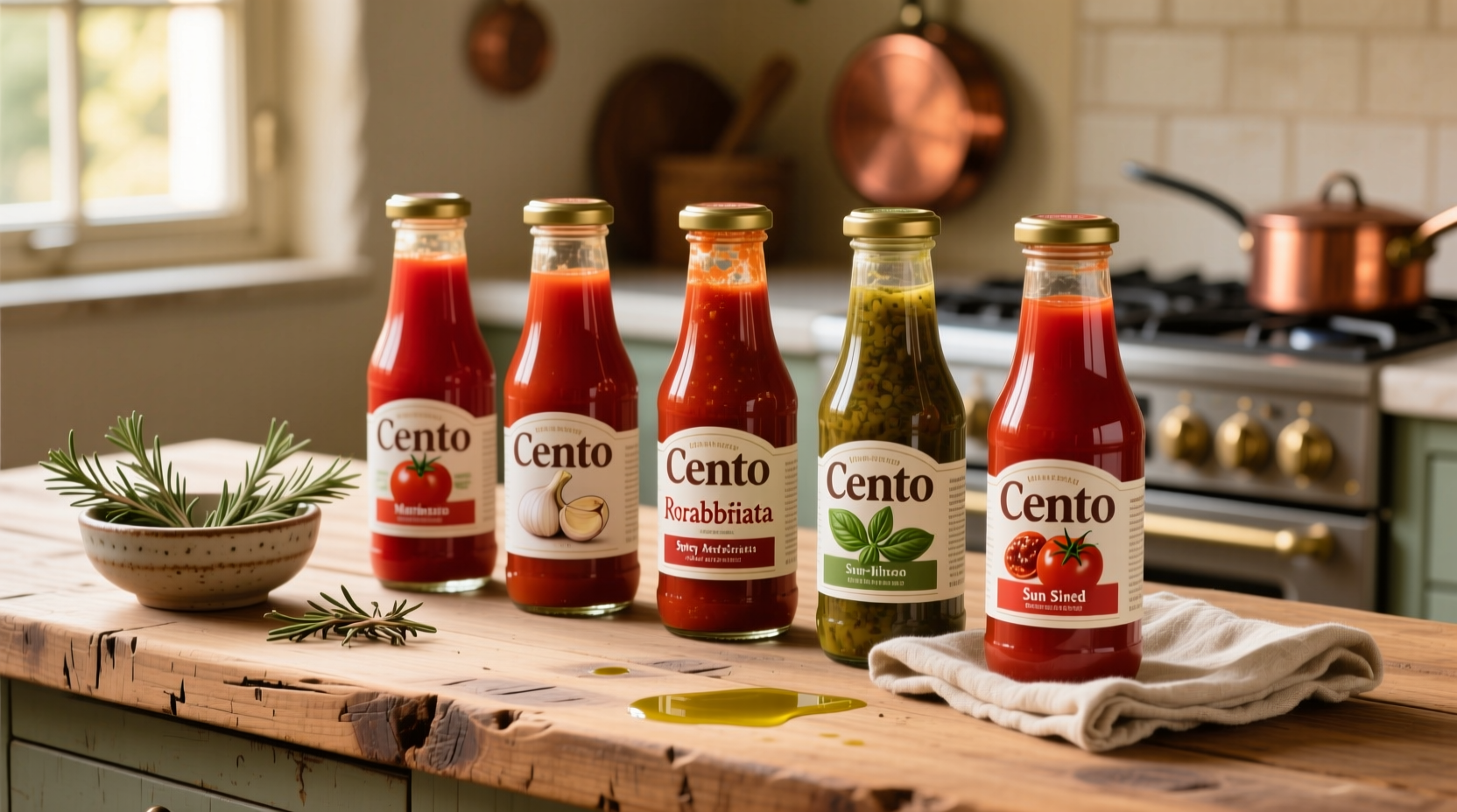 Cento Tomatensoßen-Varianten auf Küchenarbeitsplatte