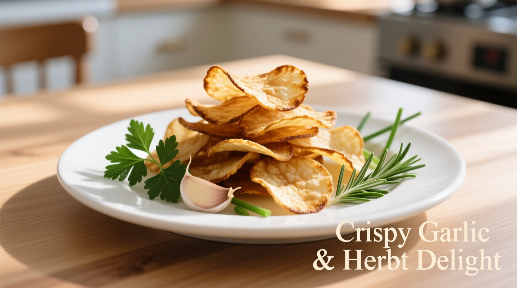 Golden brown garlic chips on white plate with fresh herbs