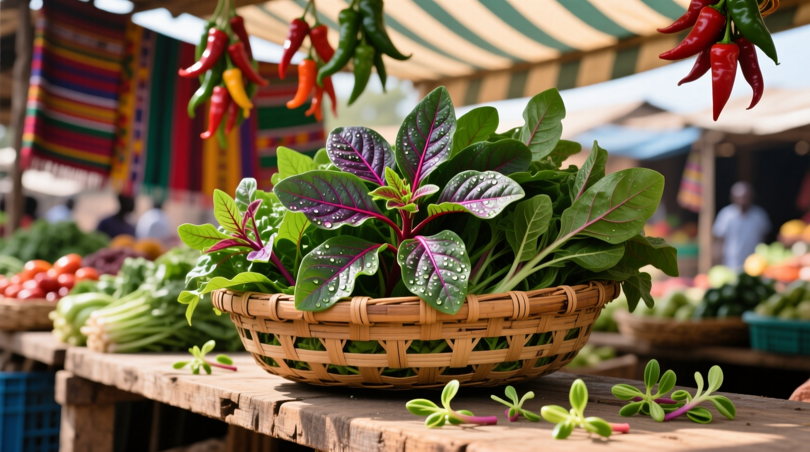 Fresh African amaranth greens in market basket