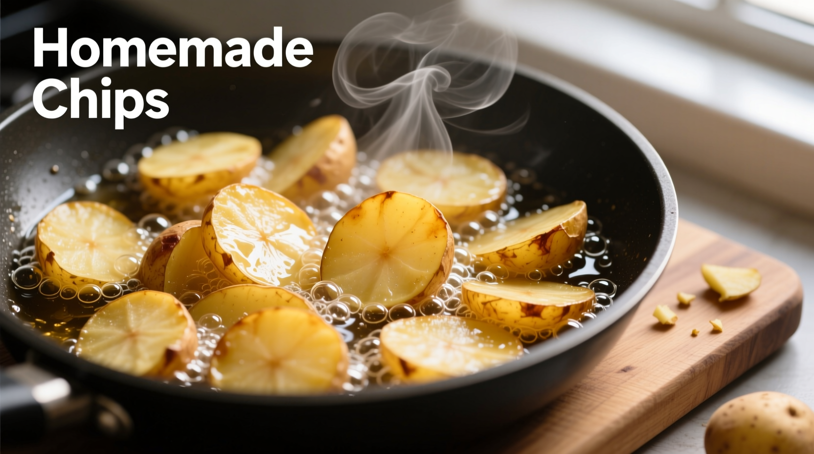 Fresh potato slices being fried in oil for homemade chips